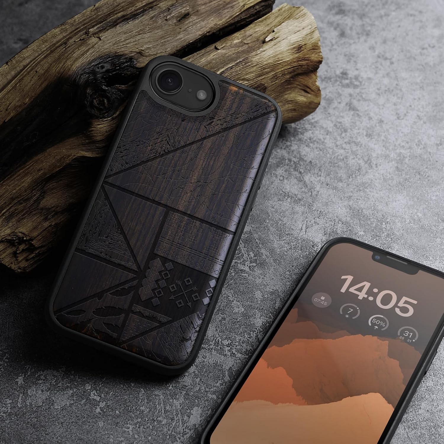 Carveit Magnetic Wooden Case for iPhone 16e / 17e, Solid Wood & TPU, Artisan Engraved Design, Shockproof Cover, Compatible with MagSafe Wireless Chargers, Geometric Collage - Blackwood
