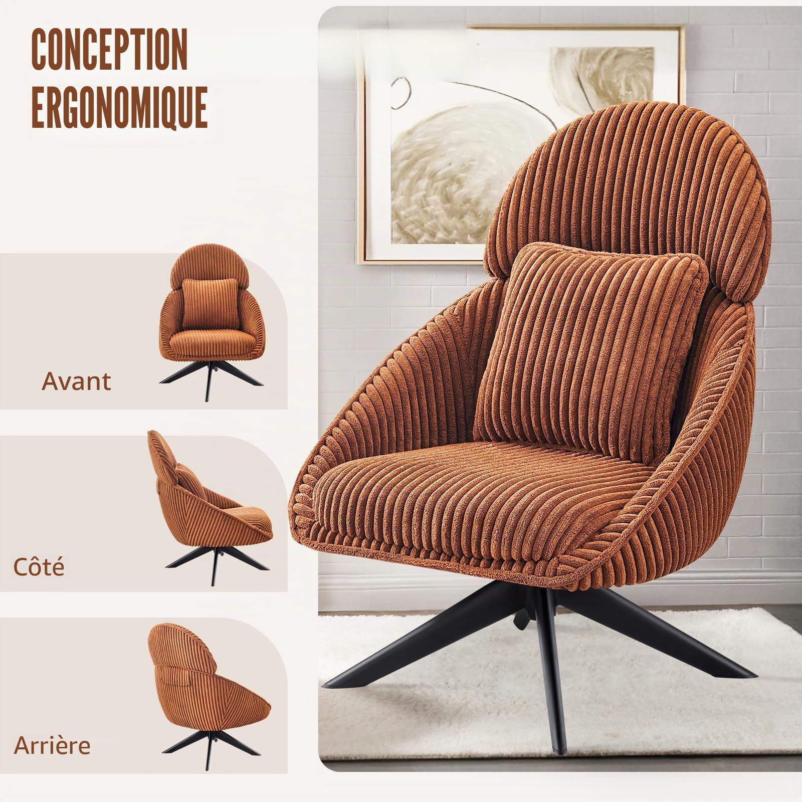 Fauteuil Salon Relax Pivotant à 360°, Fauteuil Rembourré Chambre à Coucher avec Coussin épais Amovible, Fauteuil de Bureau Fauteuil de Lecture pour Salon Chambre à Coucher Bureau, Orange
