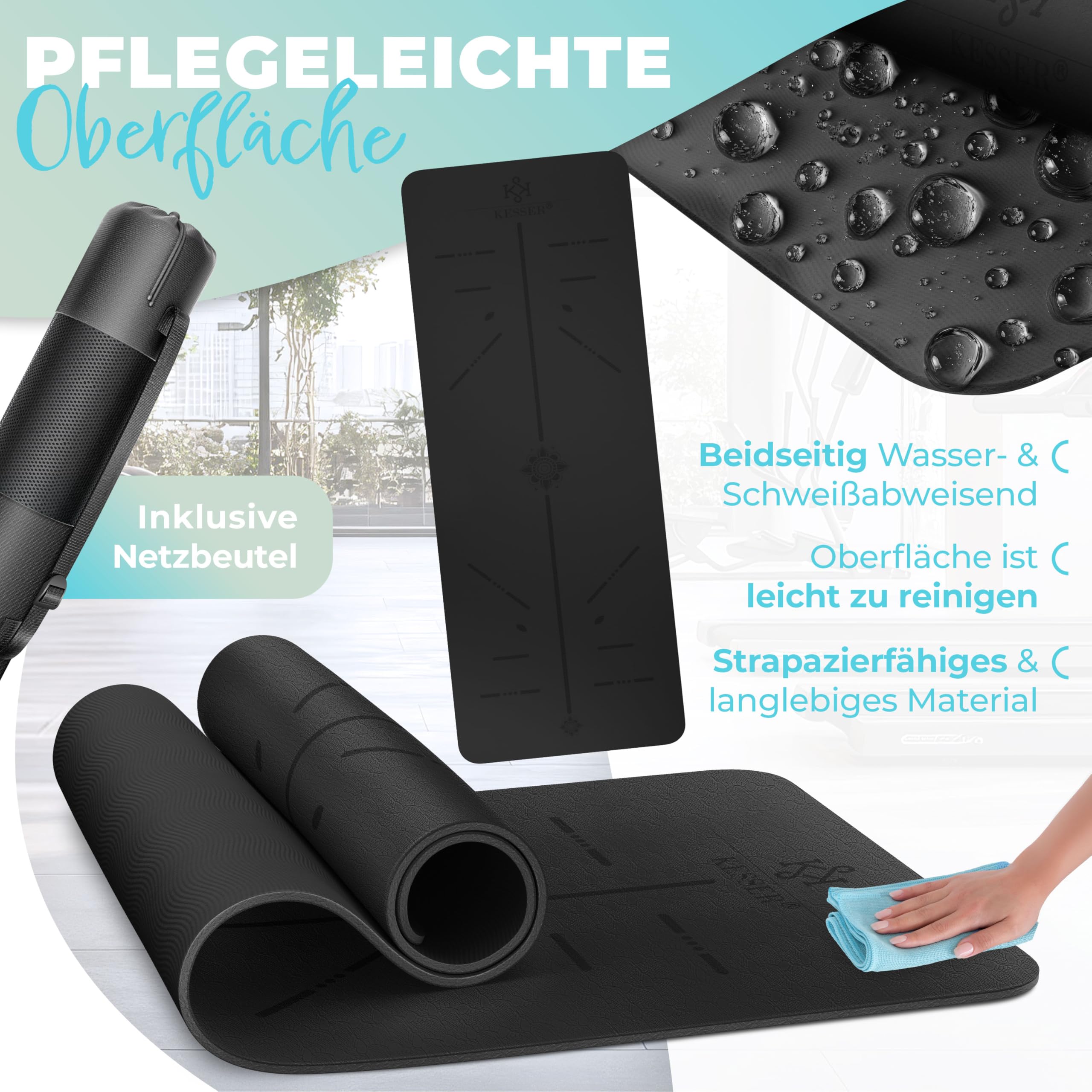 KESSER® Gymnastikmatte mit Tragegurt rutschfest TPE Yogamatte Gepolstert & rutschfest Fitnessmatte, 183 x 61 Trainingsmatte für Fitness Sportmatte, Pilates & Gymnastik Workout