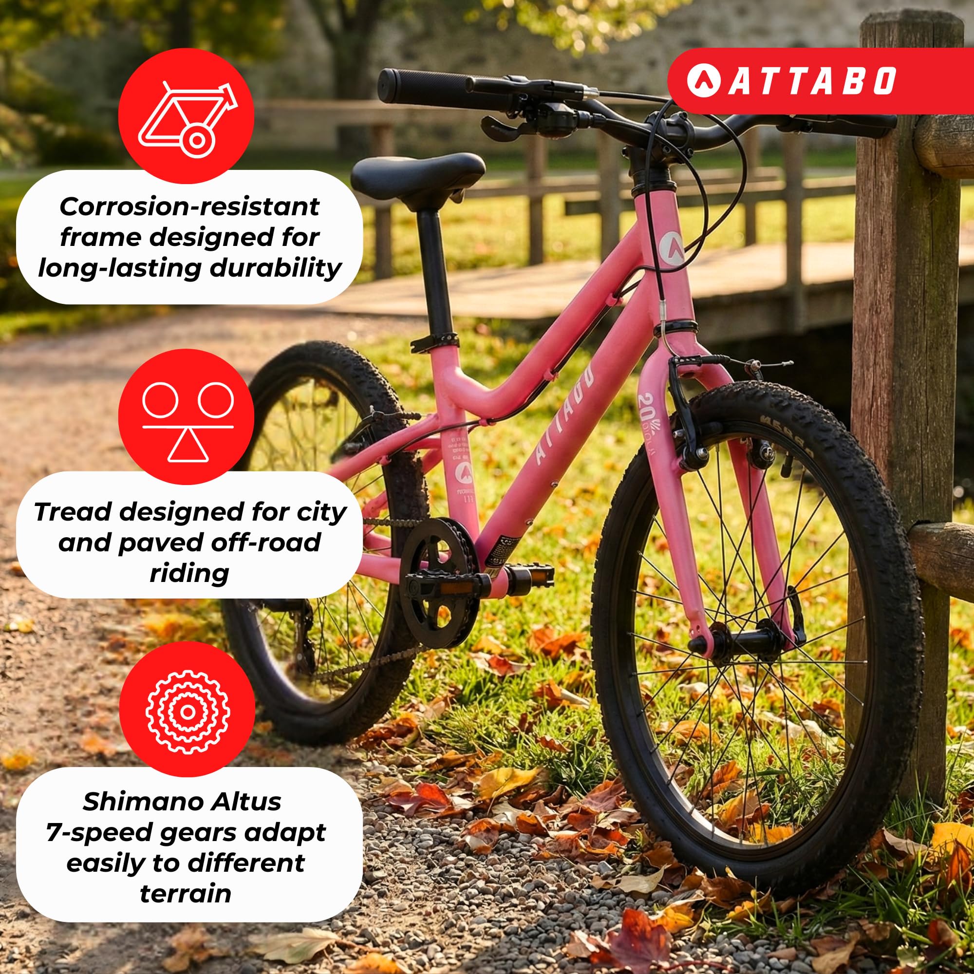ATTABO Knack 20 – Kinderfahrrad (5–9 Jahre) mit leichtem Aluminiumrahmen, 20-Zoll-Rädern, Stahlgabel, für 110–135 cm Körpergröße, stabile Konstruktion, komfortabel und sicher bei jeder Fahrt