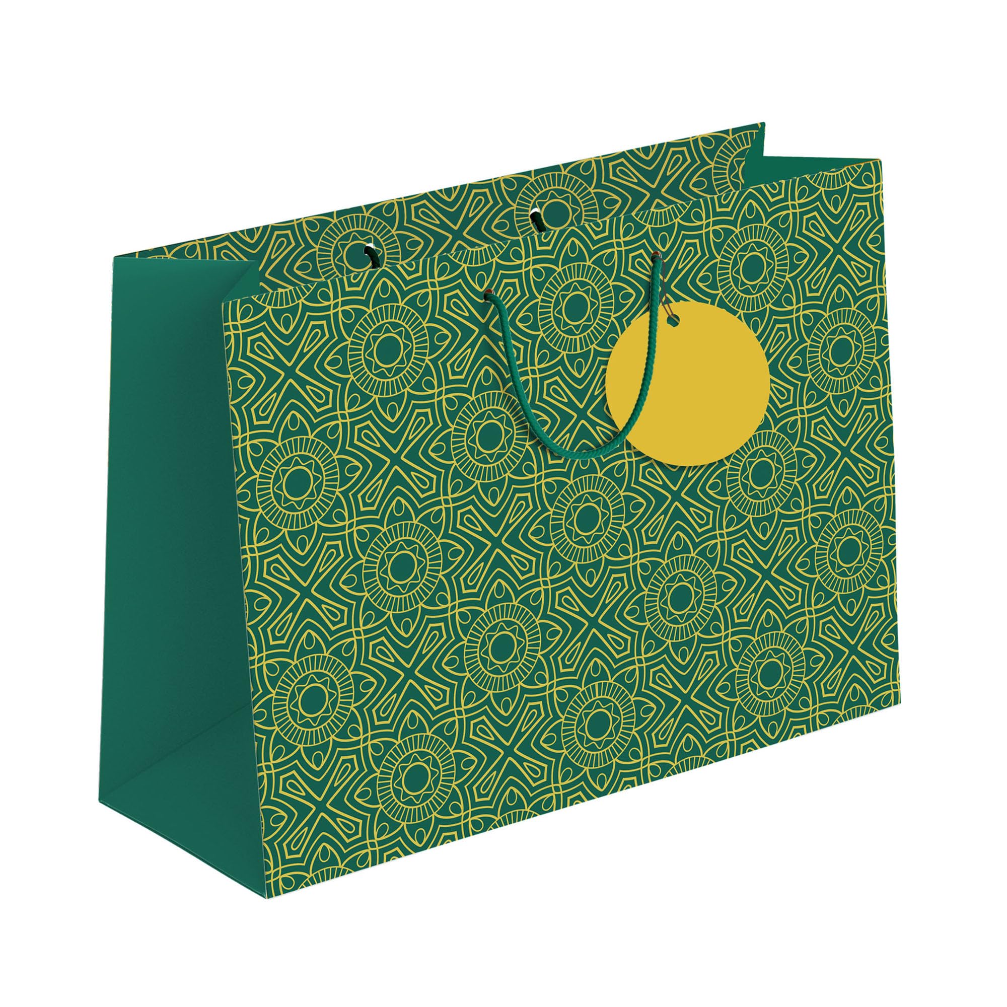 PaperPep Green Yellow Traditional Pattern Print Gift Paper Bag | Small (9"X7"X4") | Ideal for Return Gifts, Weddings, Birthday & Celebrations
