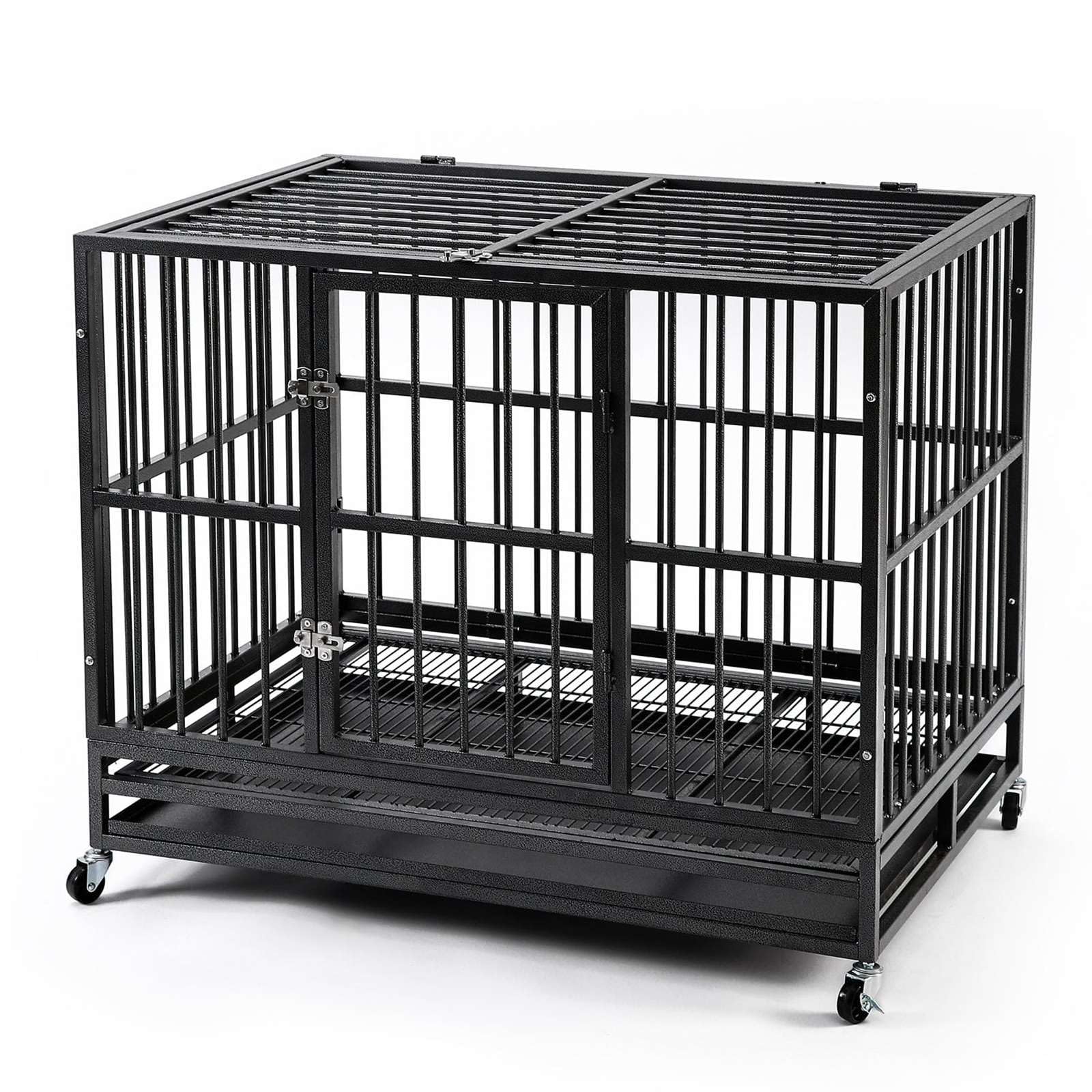 PawHaven 42" Heavy Duty Metal Dog Crate with Wheels, Indestructible Escape Proof Dog Cage, Double Door Foldable Dog Kennel with Removable Pull Out Tray