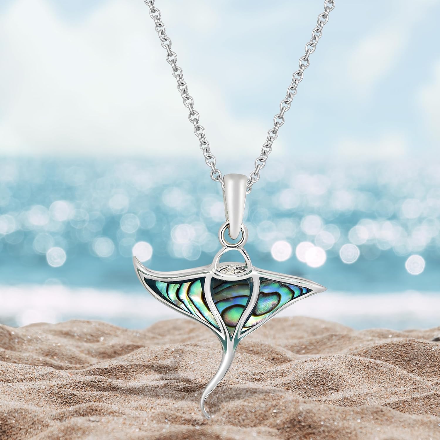 Manta Ray Necklace – 925 Sterling Silver Ocean Pendant with Genuine Abalone Shell Inlay | Marine Life Jewelry for Women | Polished Sea Animal Necklace with Cable Chain | Ocean Themed Silver Gift Pendant - Image 4