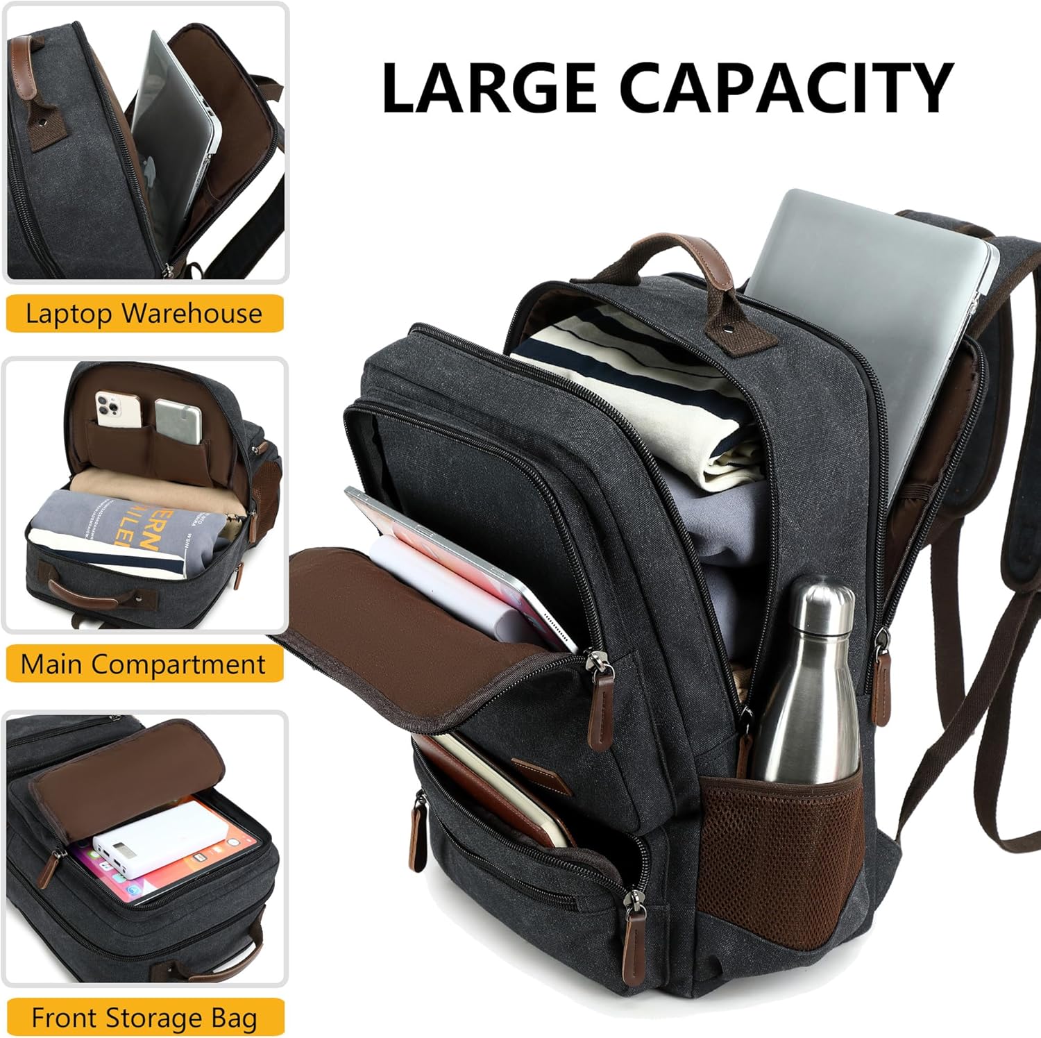 LXYGD Canvas Laptop Backpack for Men Women,Durable Travel Work Business Rucksack Bookbags Fits 15.6 Inch Notebook & Laptops,College Backpacks Computer Bag Weekender Hiking Daypack(Black)