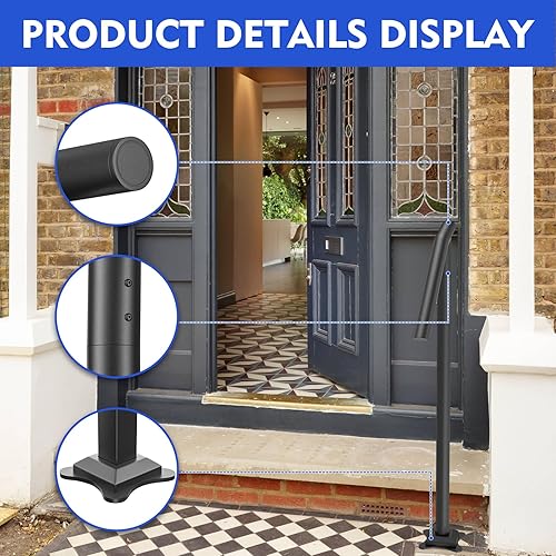 Miniatura 3 de SPACEEUP Pasamanos de escalera para exteriores, pasamanos de 1 a 3 escalones, barandilla de acero negro tipo redondo para escaleras, barandillas