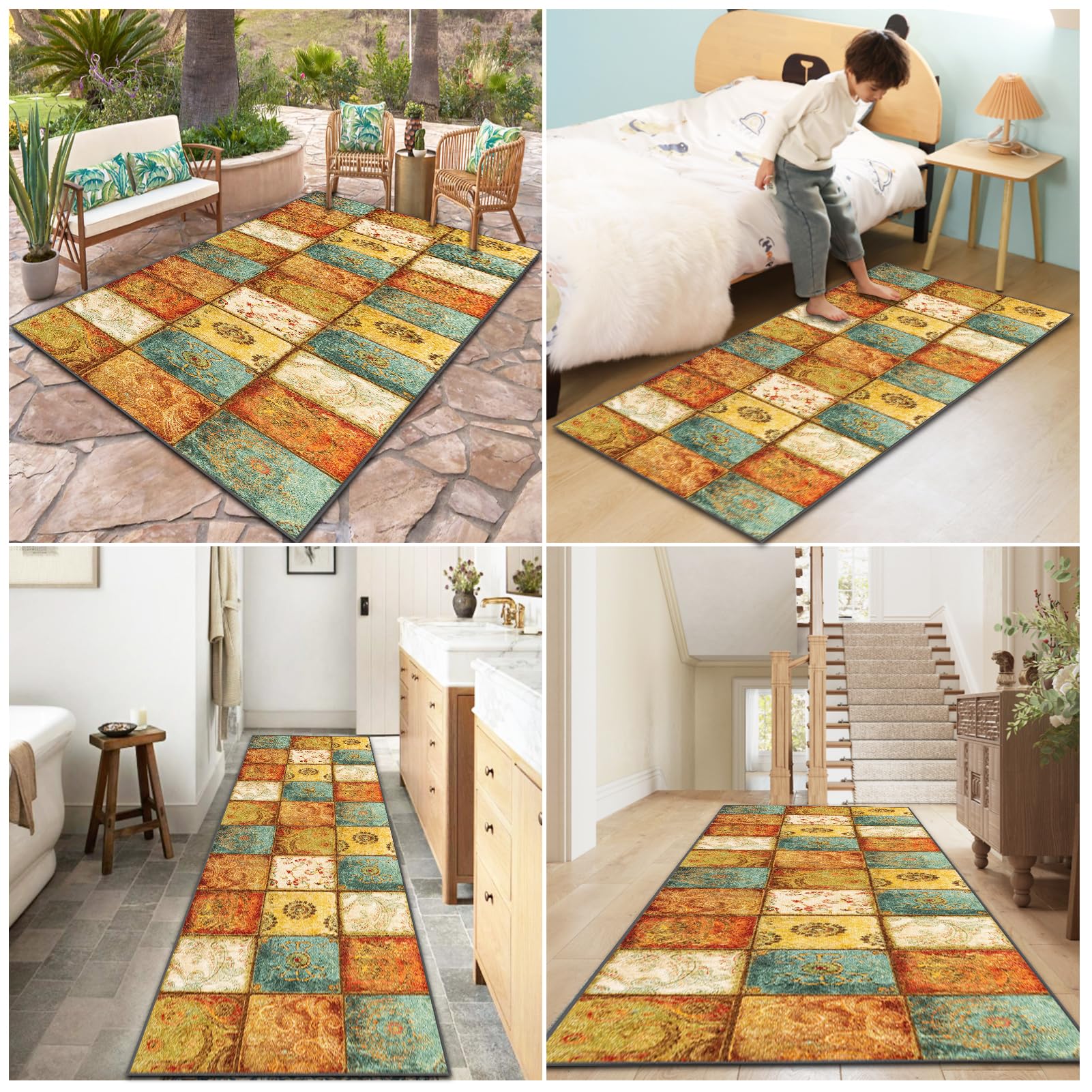 Teppich Läufer rutschfest Küchenteppich 120 x 450 cm Lang Korridor Teppich Vintage Eingangsbereich Läufer Teppich Meterware Teppichläufer Flur waschbar fußmatte für Wohnzimmer Eingang Schlafzimmer