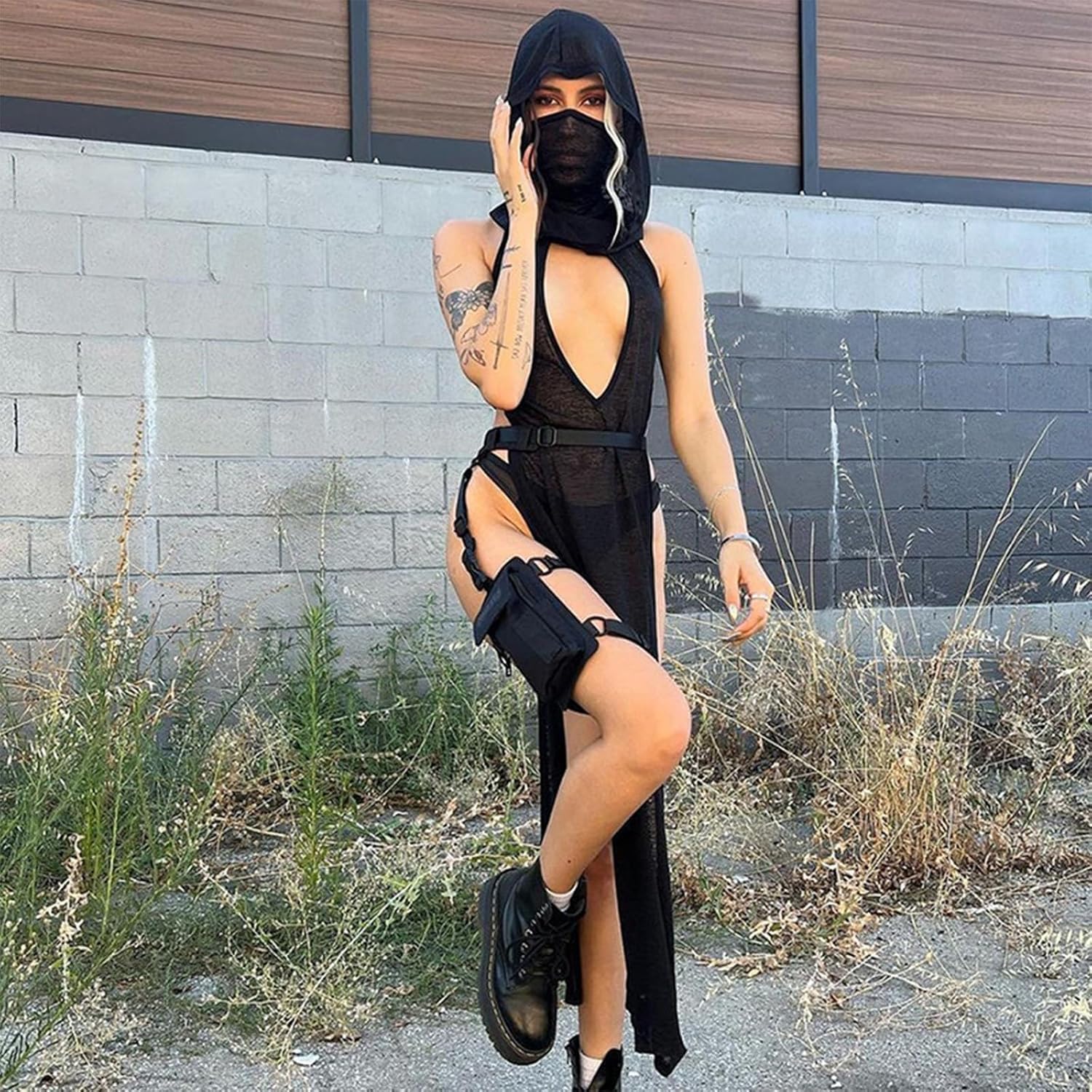 CAPE CLIQUE Rave Outfits for Women Festival Sexy Halloween Costume High Slit Sheer Gothic Dress with Hood Swimsuit Cover Ups - Image 3