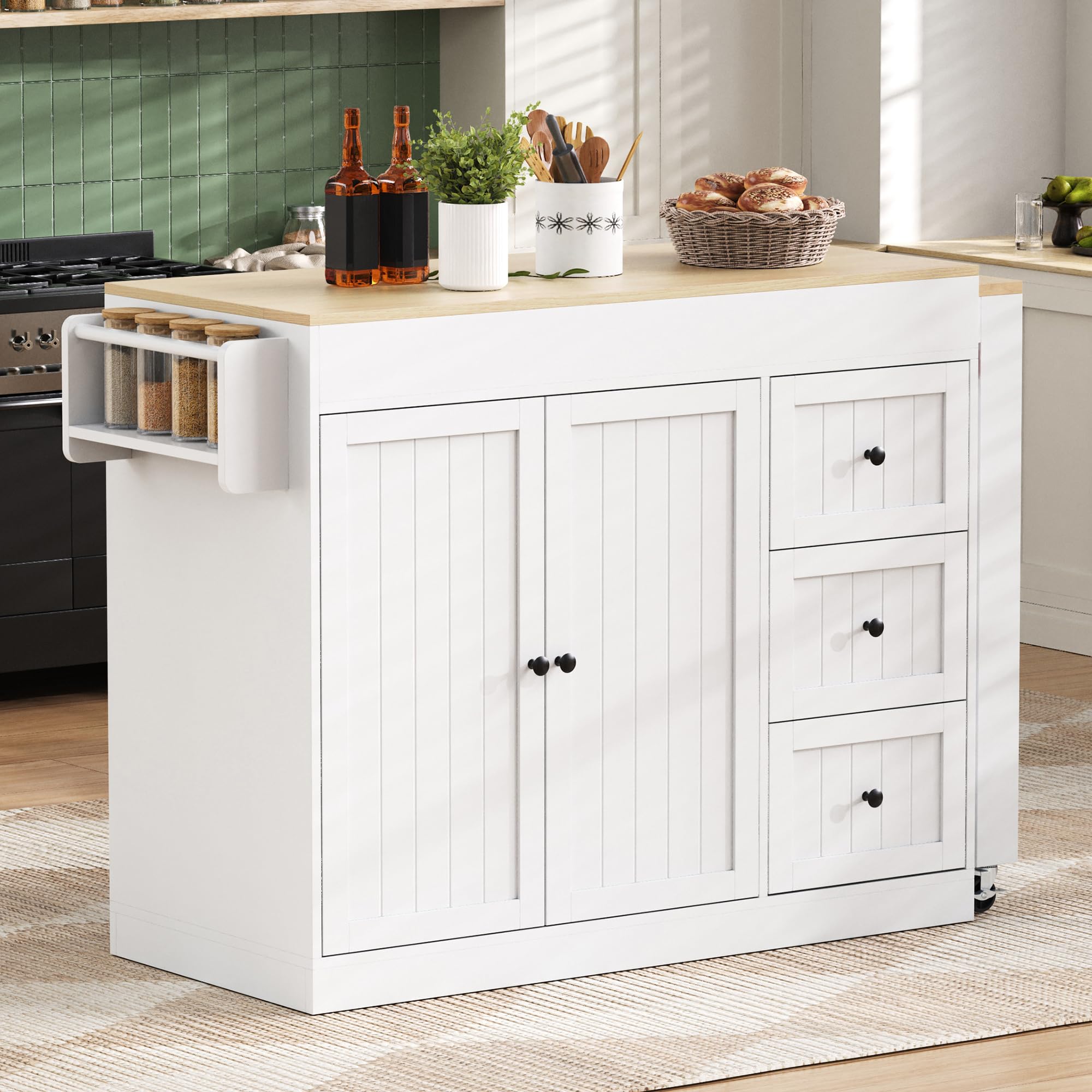 TIZZ Isola della cucina su ruote, zona pranzo allungabile isola cucina con portaspezie e cassetti, mobile autoportante, ideale per cucina e sala da pranzo (bianco)