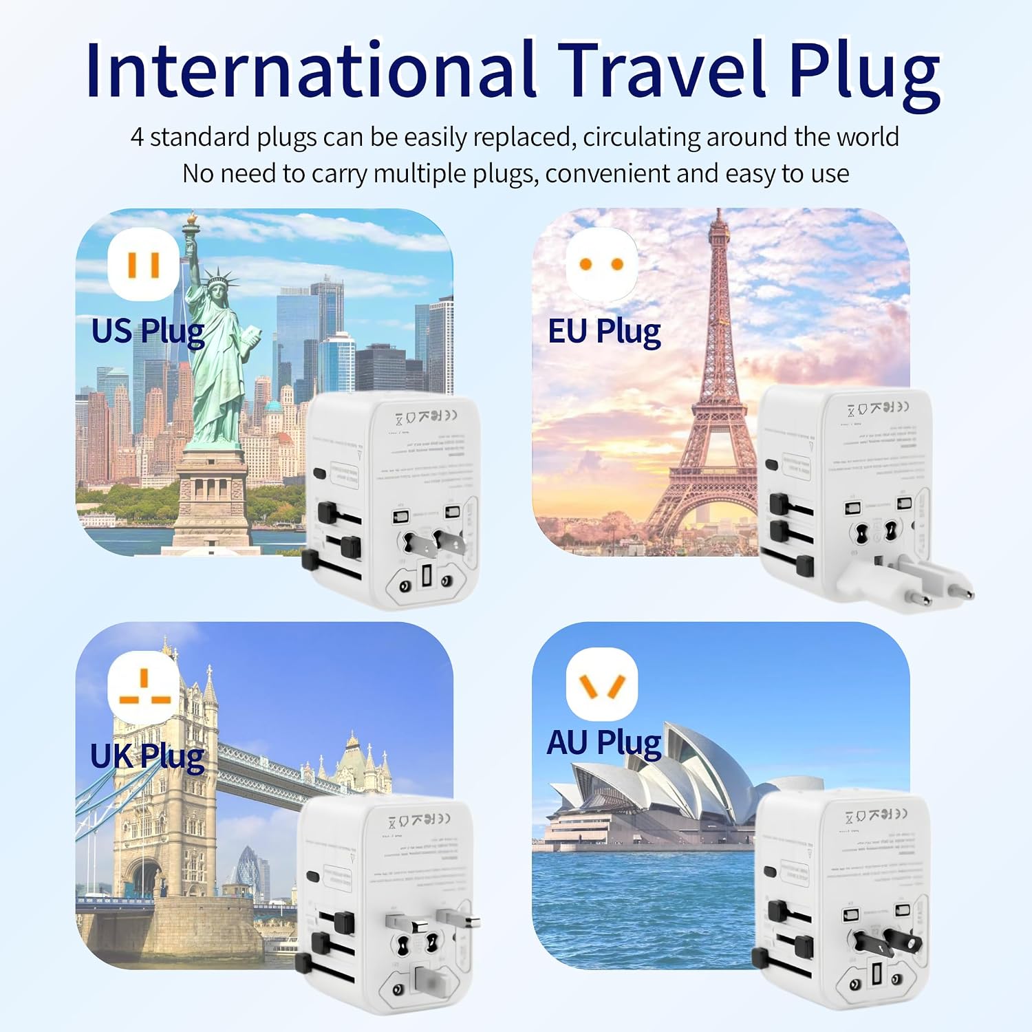 220V to 110V Converter Universal Travel Adapter Compact Voltage Converter Step Down Power Adapter with 3 USB C & USB A Ports US Canada to Europe Plug Adapter UK AU for Hair Dryer (White)