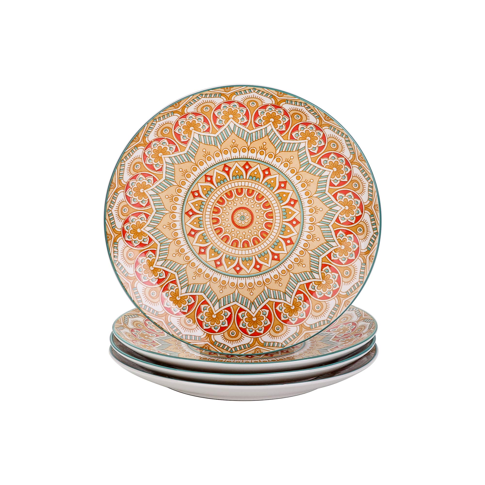 Vancasso - Set of 4 Bohemian Style Ceramic Dinner Plates 10.5" with Mandala Design - Yellow - 26.5 x 26.5 x 3 cm
