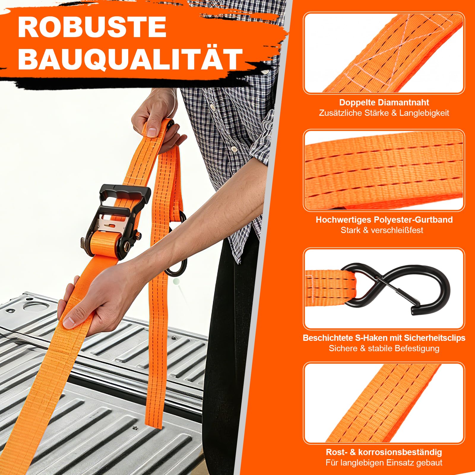 GEARMONSTER 4 cinghie con cricchetto, 38 mm x 3 m, cinghie di ancoraggio con cricchetto, cinghie con gancio per moto, traslochi e carico, arancione