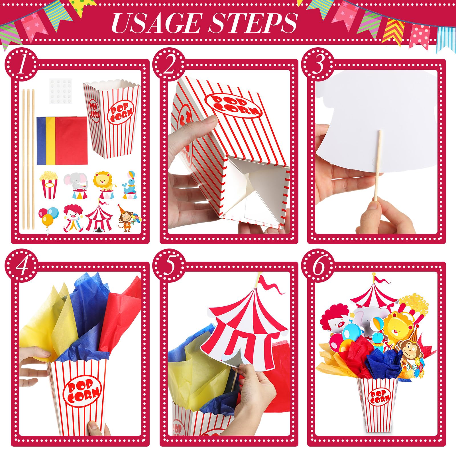 12 juegos de centros de mesa de fiesta de carnaval de circo, decoración de mesa temática de circo con caja de palomitas de maíz, recortes y palos para fiesta de carnaval, suministros de