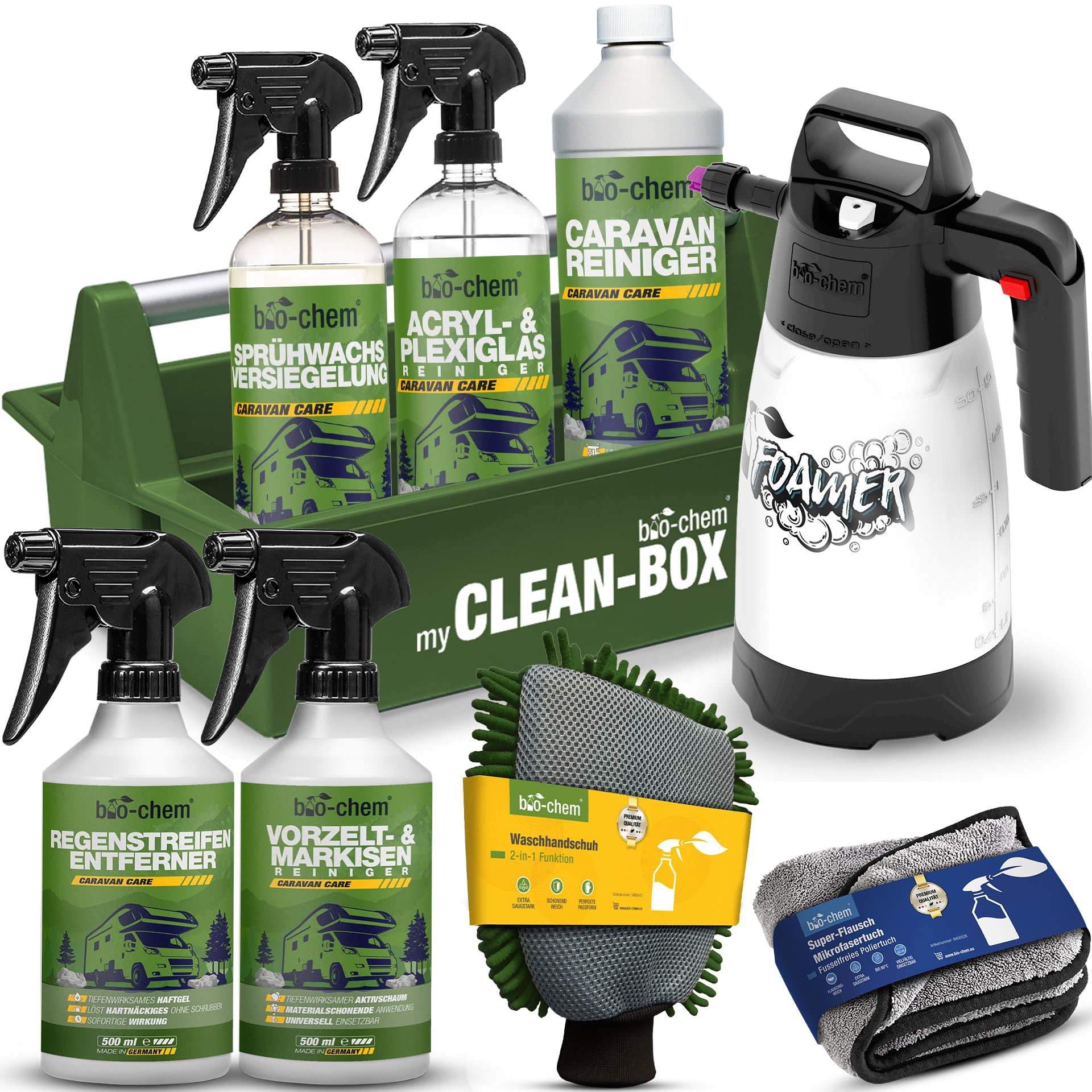 bio-chem Caravan & WoMo Außenpflege Premium Set 9-teilig - Profi Außenreiniger & Pflegemittel für GFK, Acrylglas, Alu & Kunststoff an Wohnmobil, Wohnwagen - Inkl. Schaumkanone, Tuch & Handschuh