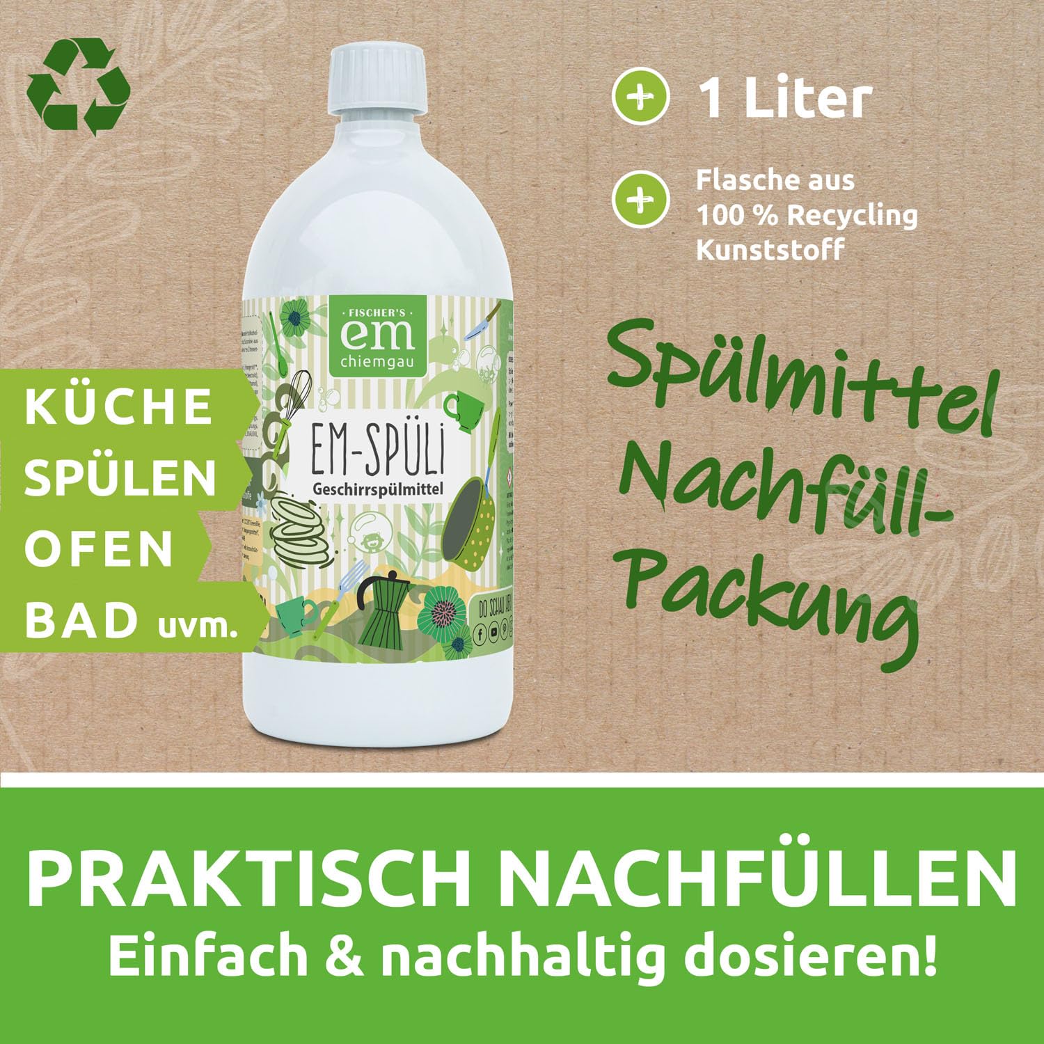EM-Chiemgau Bio Geschirrspülmittel EM-Spüli [mit Effektive Mikroorganismen] sehr ergiebig, extrem Hohe Schmutz- und Fettlösekraft, pflanzliche Waschrohstoffe, Bio Rohstoffe, hautfreundlich - 5 L