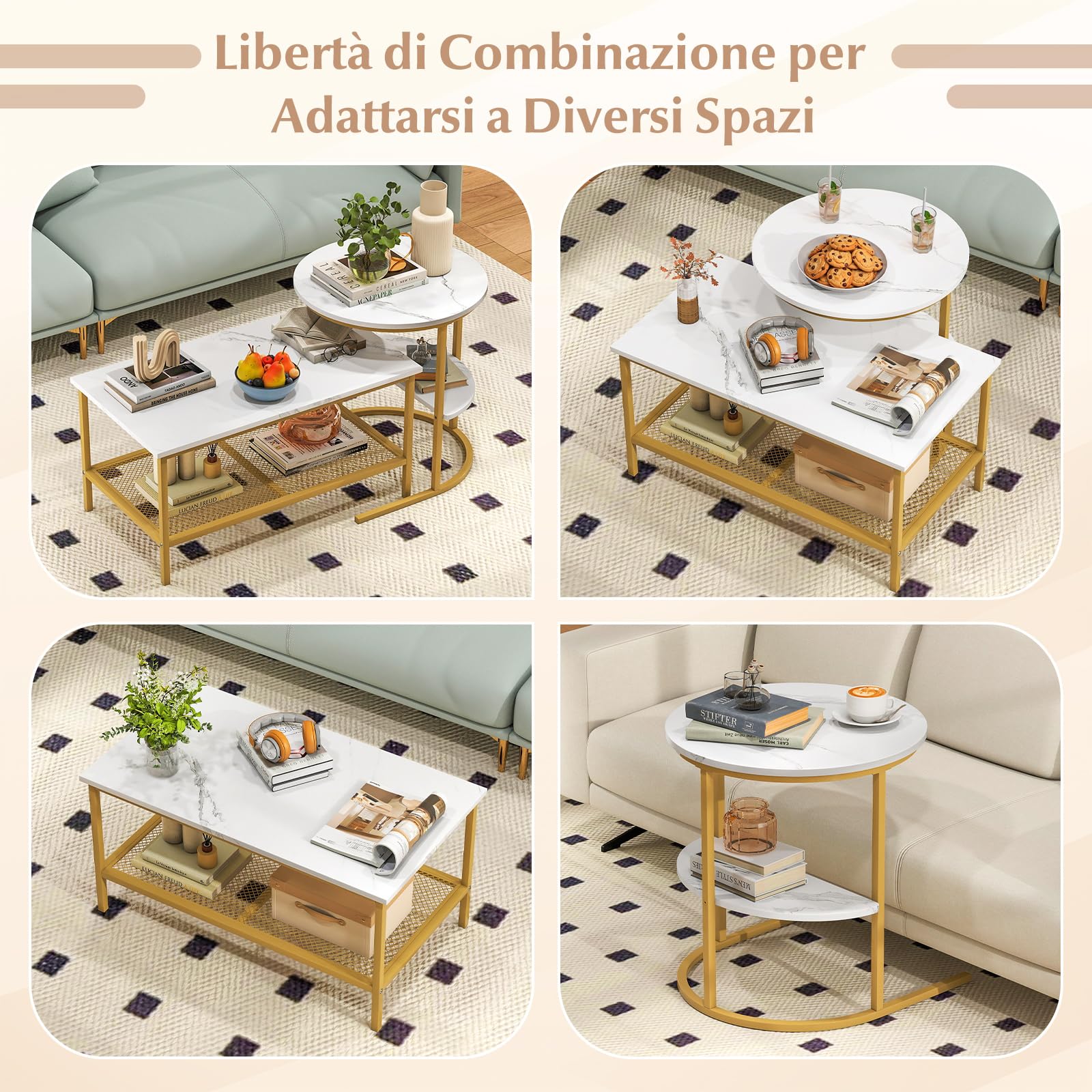 COSTWAY Set di Tavolini da Caffè Componibili, 2 in 1 Set di Tavoli Rimovibili con Piano in Marmo Sintetico, Tavolino Rotondo e Tavolino Rettangolare per Salotto e Camera da Letto (Oro)