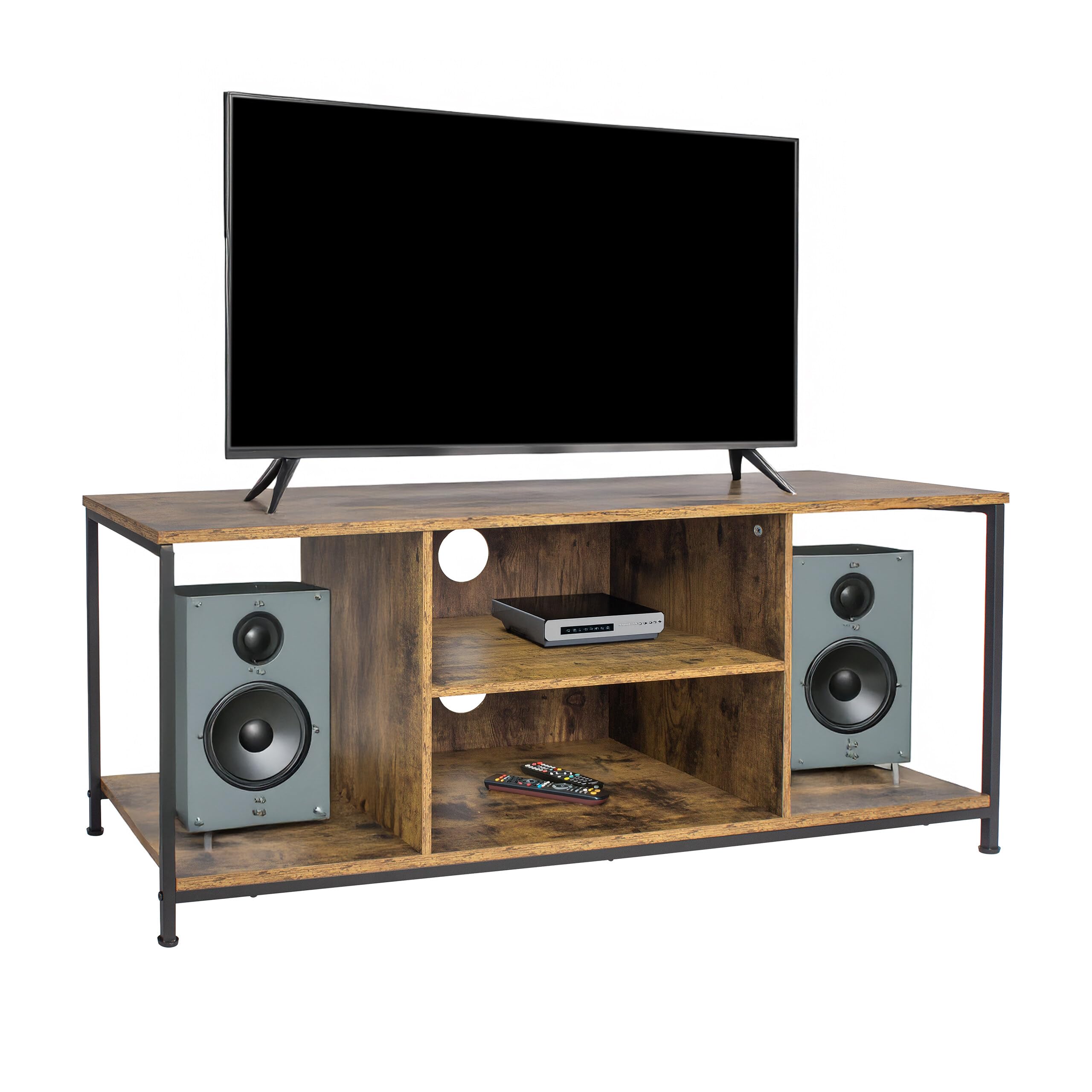 Relaxdays Meuble TV Industriel 4 Compartiments, Passe-câbles, pour TV Jusqu’à 55", Brun/Noir 50x120x40 cm