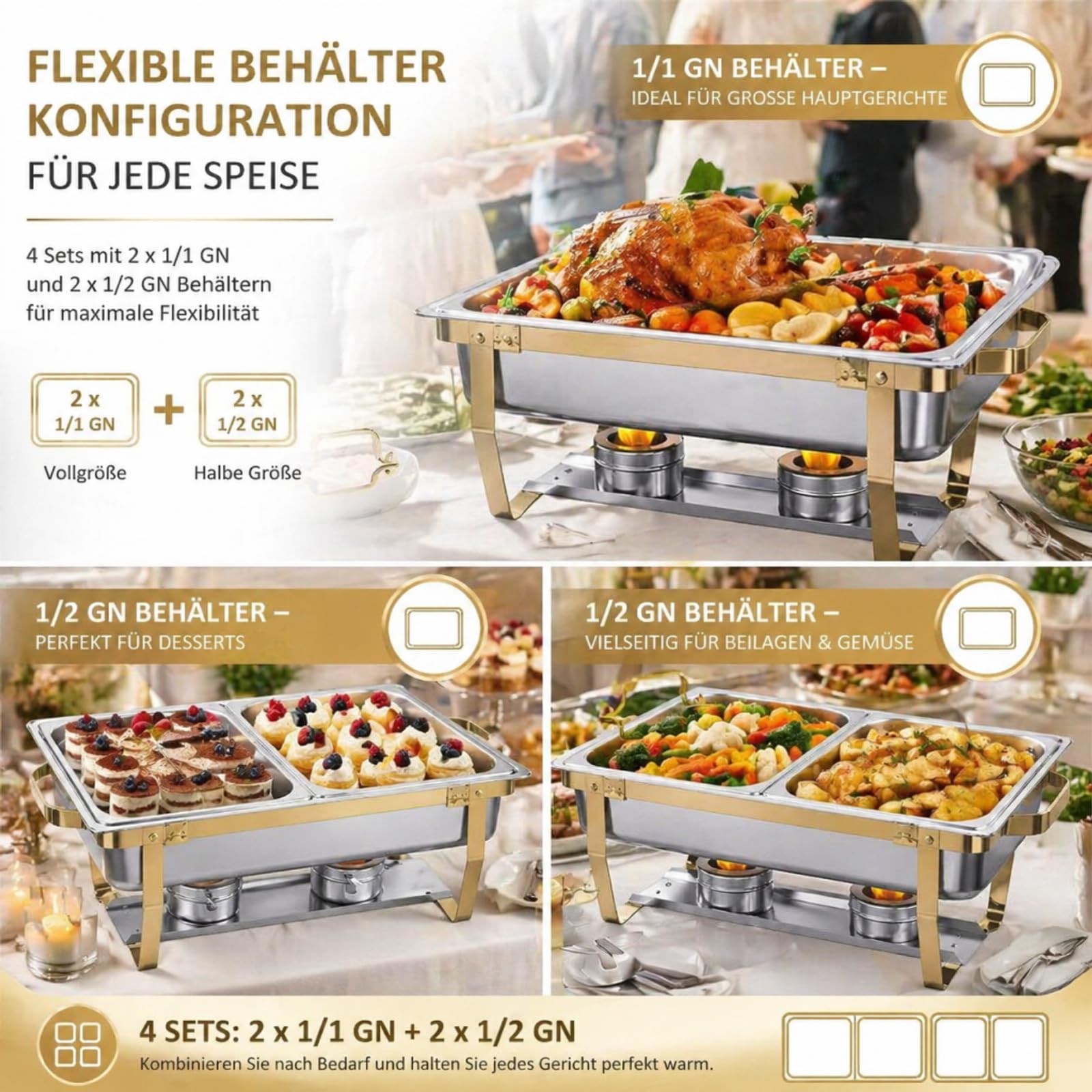 Set scalda buffet in acciaio inox, 2 l + 9 l, con effetto oro, 2 in 1, per catering ed eventi, pieghevole, antiruggine, con controllo della temperatura e supporto del combustibile