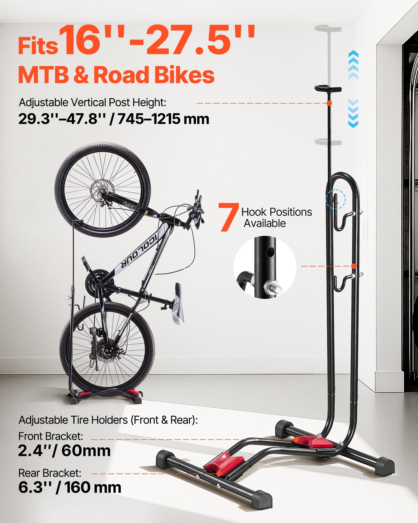 VEVOR Support à Vélo Compatible avec VTT et Vélos 406,4-700 mm, Porte-vélos Autoportant, Support de Rangement de Bicyclette Vertical et Horizontal, Range Vélo Sol pour Espace Réduit, Entrée, Garage