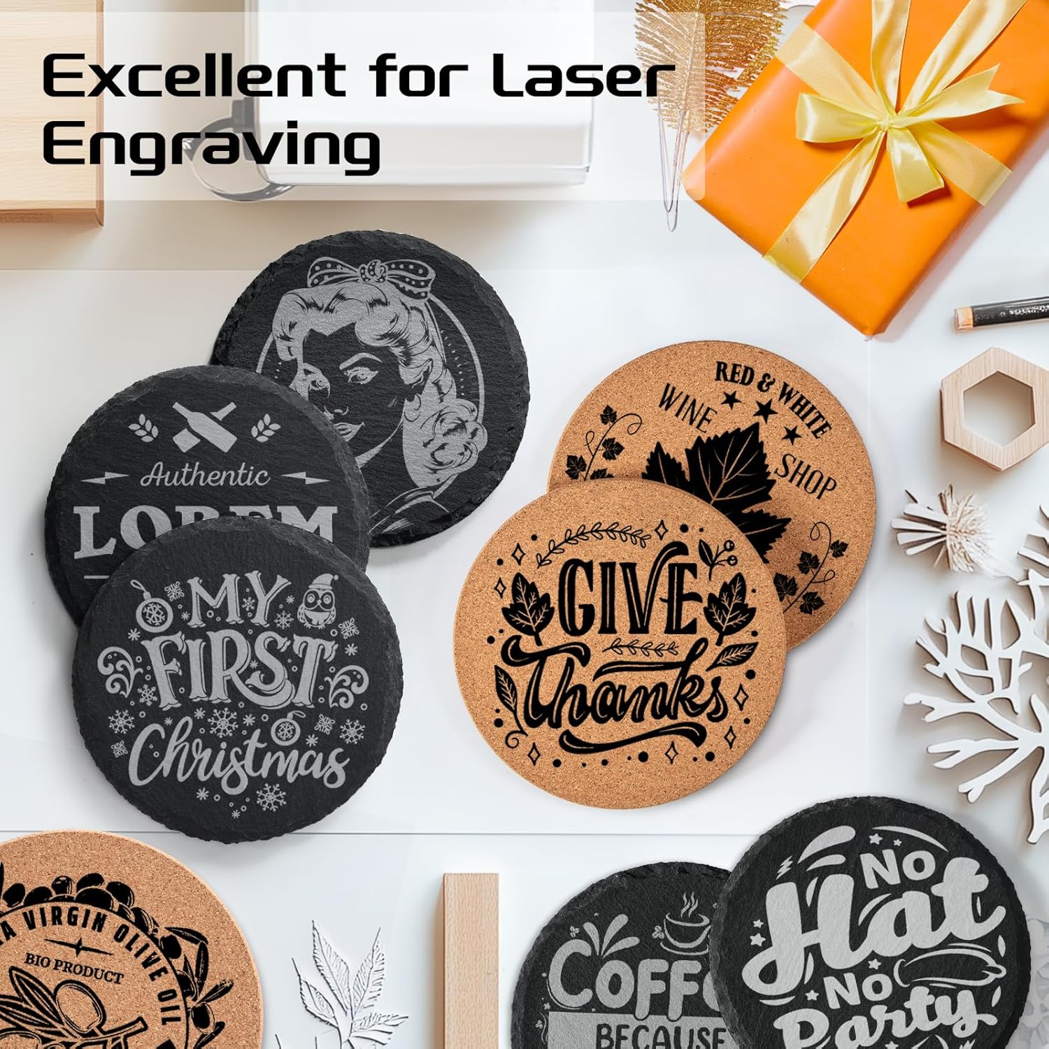 100 PCS Blank Coasters Bulk for Drinks, Natural Engravable Materials, 4 Inch 50 PCS Black Handmade Slate Stone Coasters, 50PCS Cork Coaster for Laser Engraving, Gifts, Wedding, Crafts, Round - Image 4