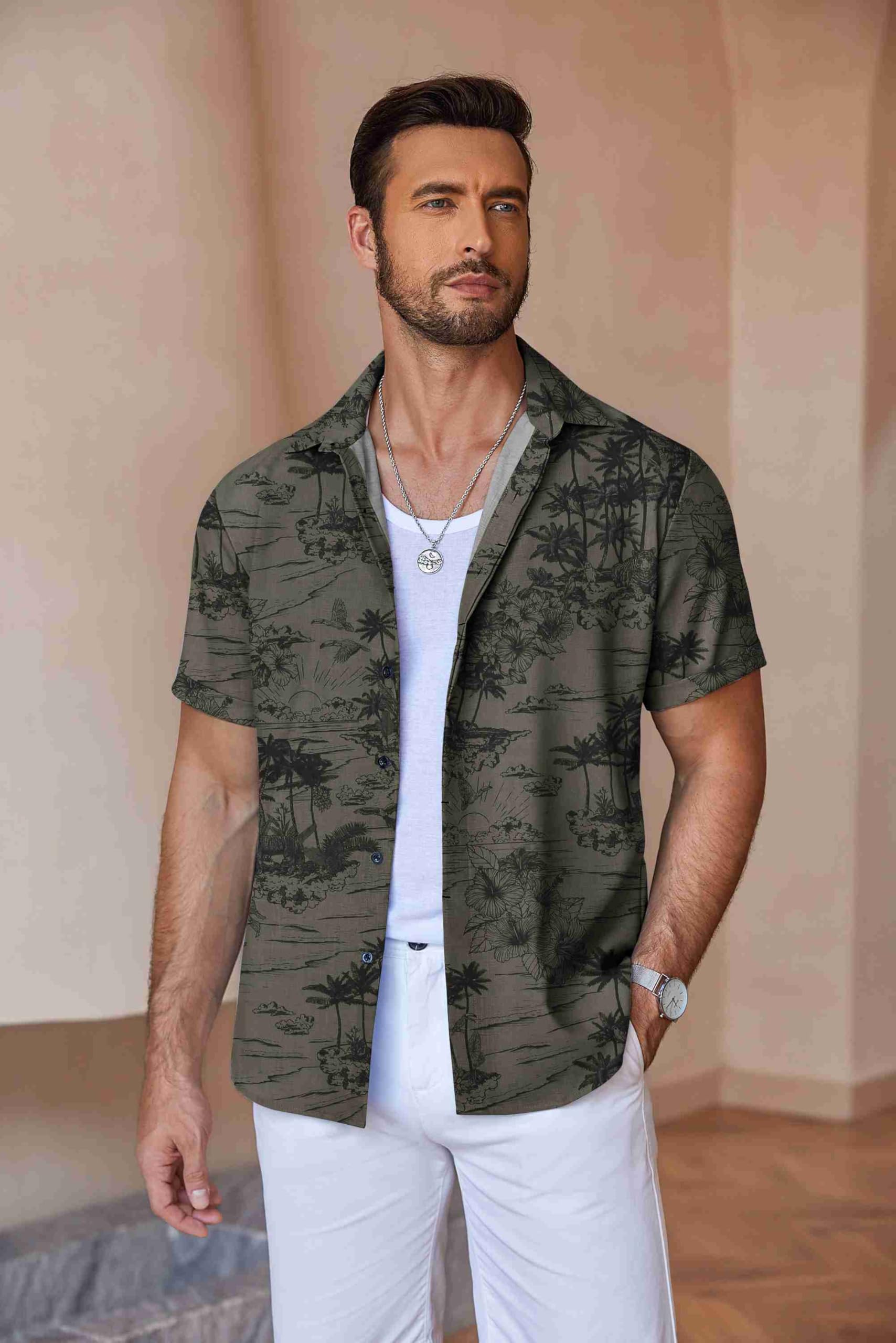 Coofandy Camicie da Uomo in Lino a Maniche Corte, Casual, con Bottoni, per Spiaggia, Estate, Matrimonio