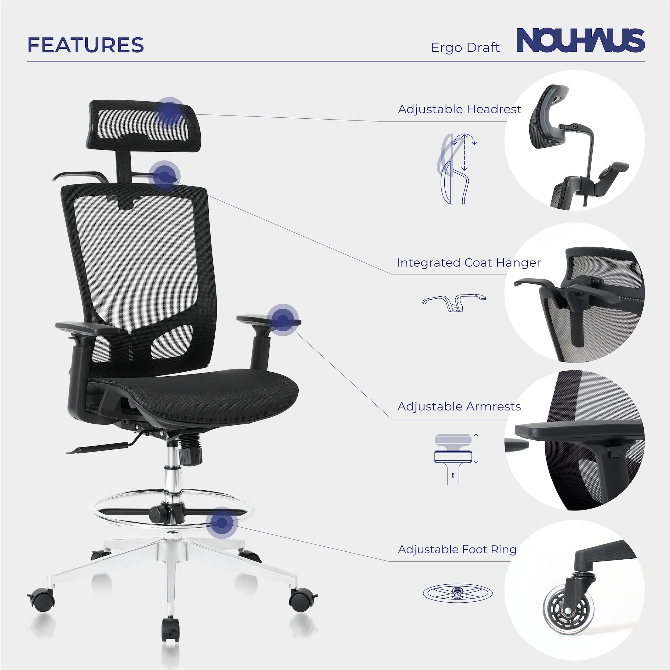 NOUHAUS ErgoTASK/ErgoDRAFT Ergonomic Task/Draft Chair, Computer Chair