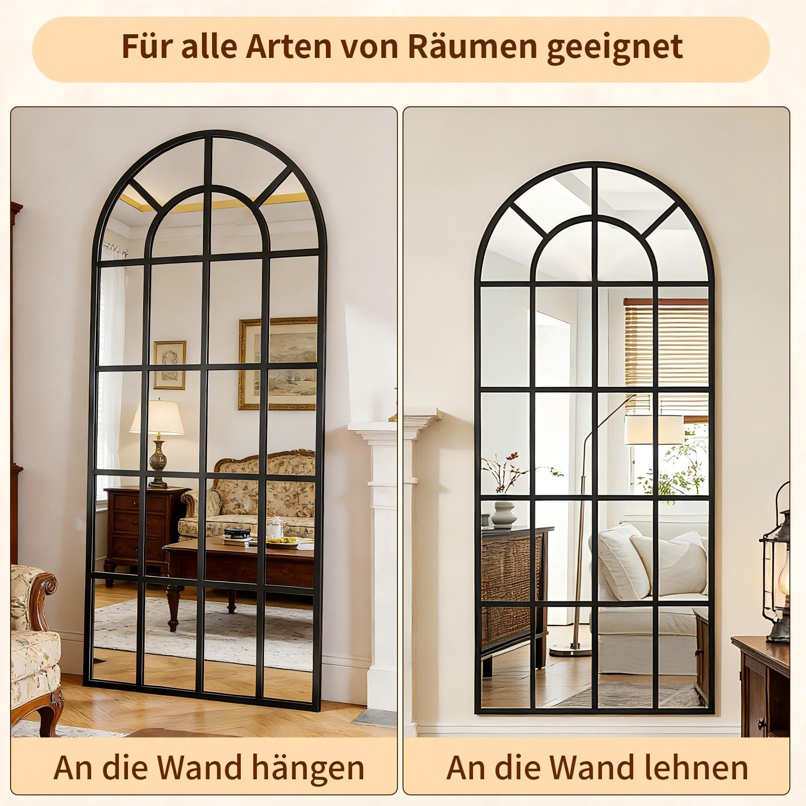 BEAUTYPEAK Standspiegel 165x60 cm, Dekorativer Gewölbter Ganzkörperspiegel hängend oder lehnend an die Wand, Groß Wandspiegel mit Ständer für Schlafzimmer, Wohnzimmer oder Ankleidezimmer, Schwarz