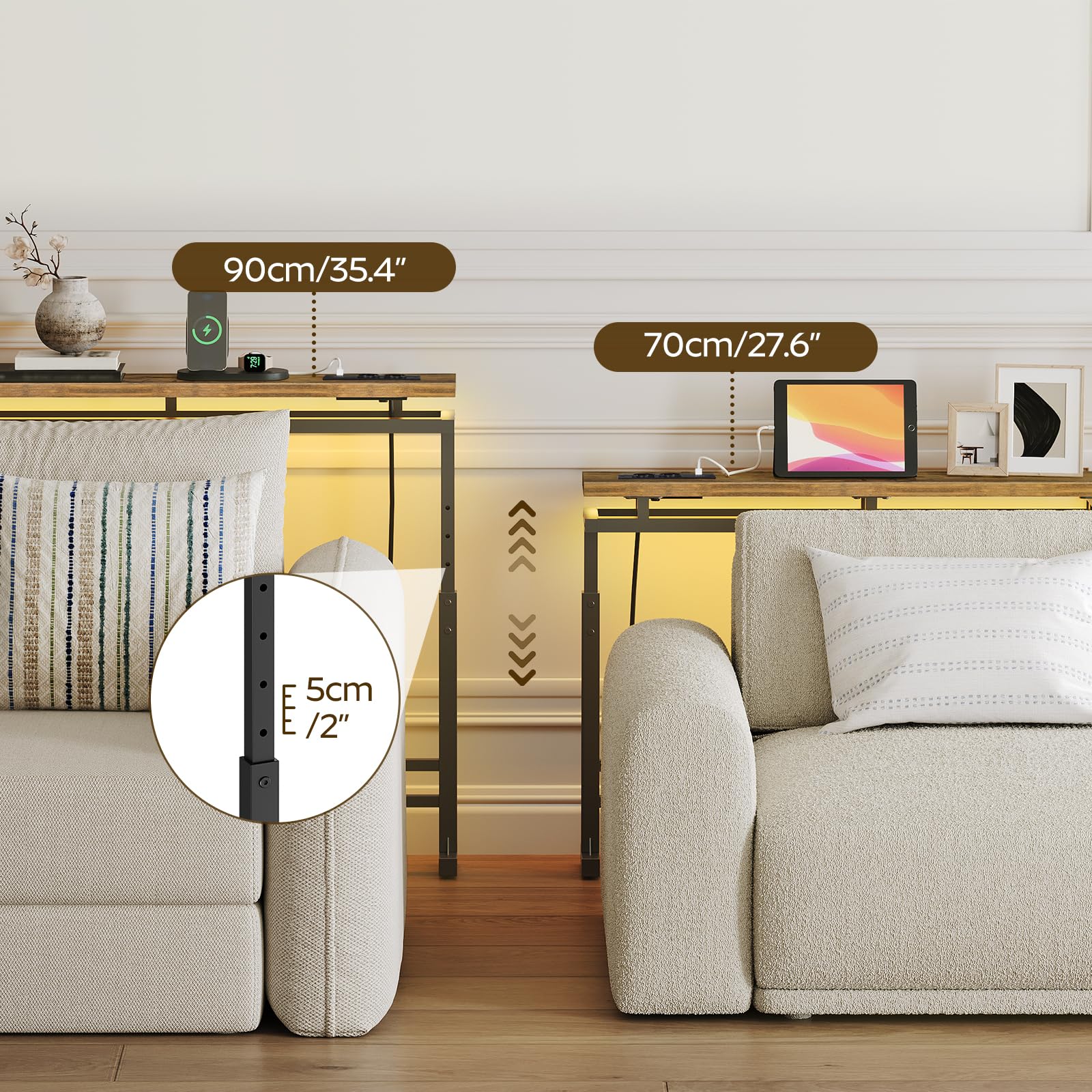 YATINEY Consolle Ingresso con Altezza Regolabile, Tavolo Console con LED | 200 cm Consolle sottile con Stazione di Ricarica, Tavolo da Ingresso Dietro Divano per Corridoio, Soggiorno, XCT27CDBR