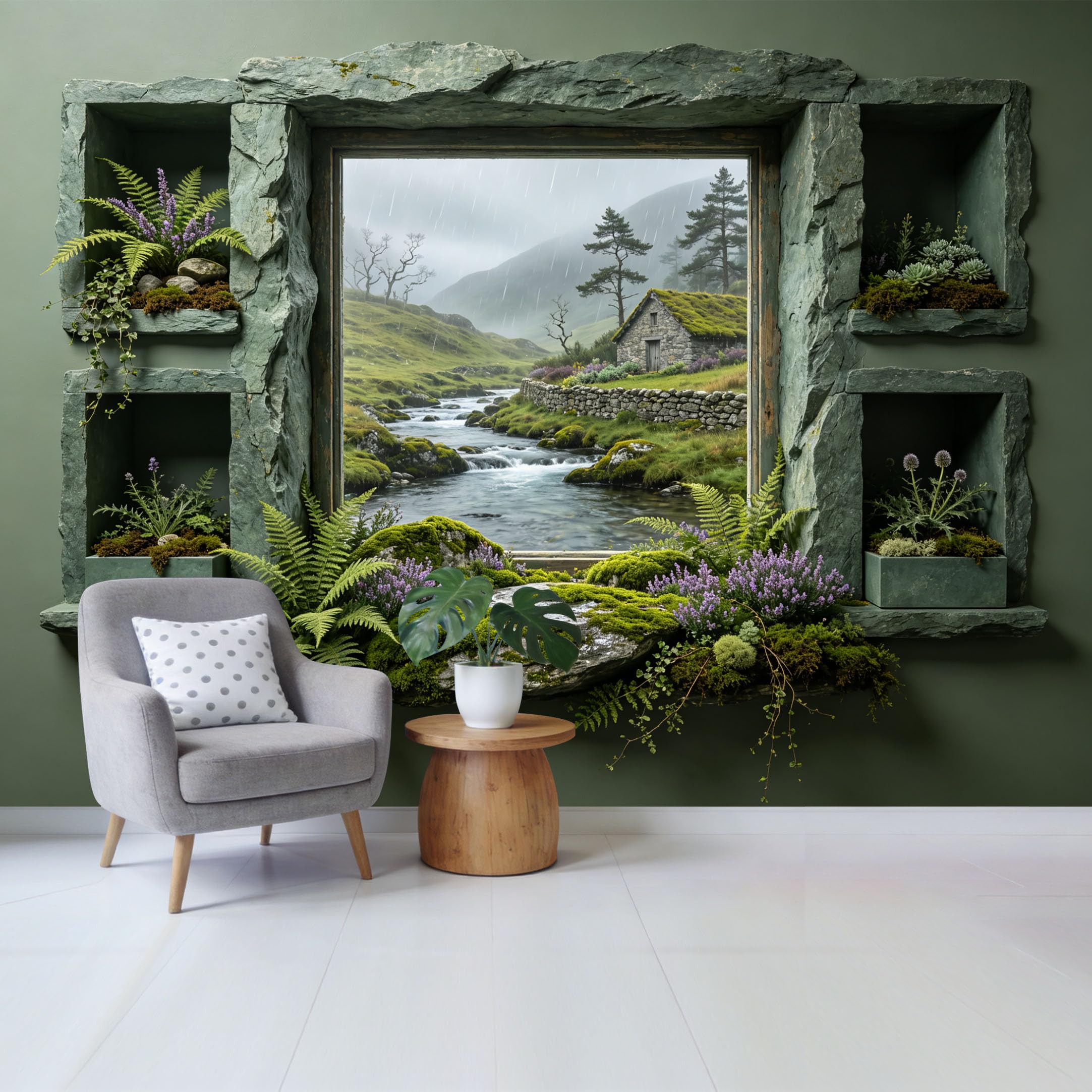 Custom Size Wall Mural Mountain Lake Landscape Stone Frame Botanical Greenery Stream Cottage View Removable Self Adhesive Fabric Home Wall Decor for Living Room Bedroom Bathroom