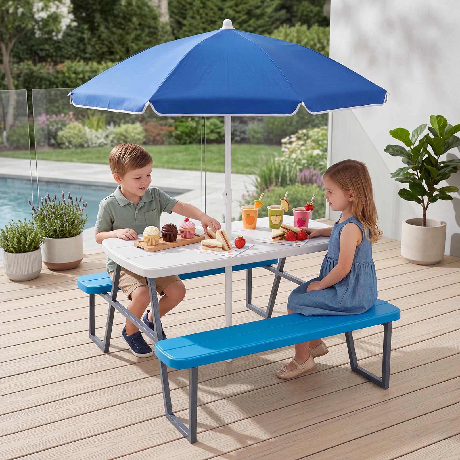 LIFEZEAL Tavolo da Picnic per Bambini con Ombrellone Pieghevole, Regolabile | Set Tavolo e Sedie per Bambini 3-8 Anni, 1 Tavolino e 2 Panche per Giardino, Terrazzo, Campeggio, Cameretta e Cortile