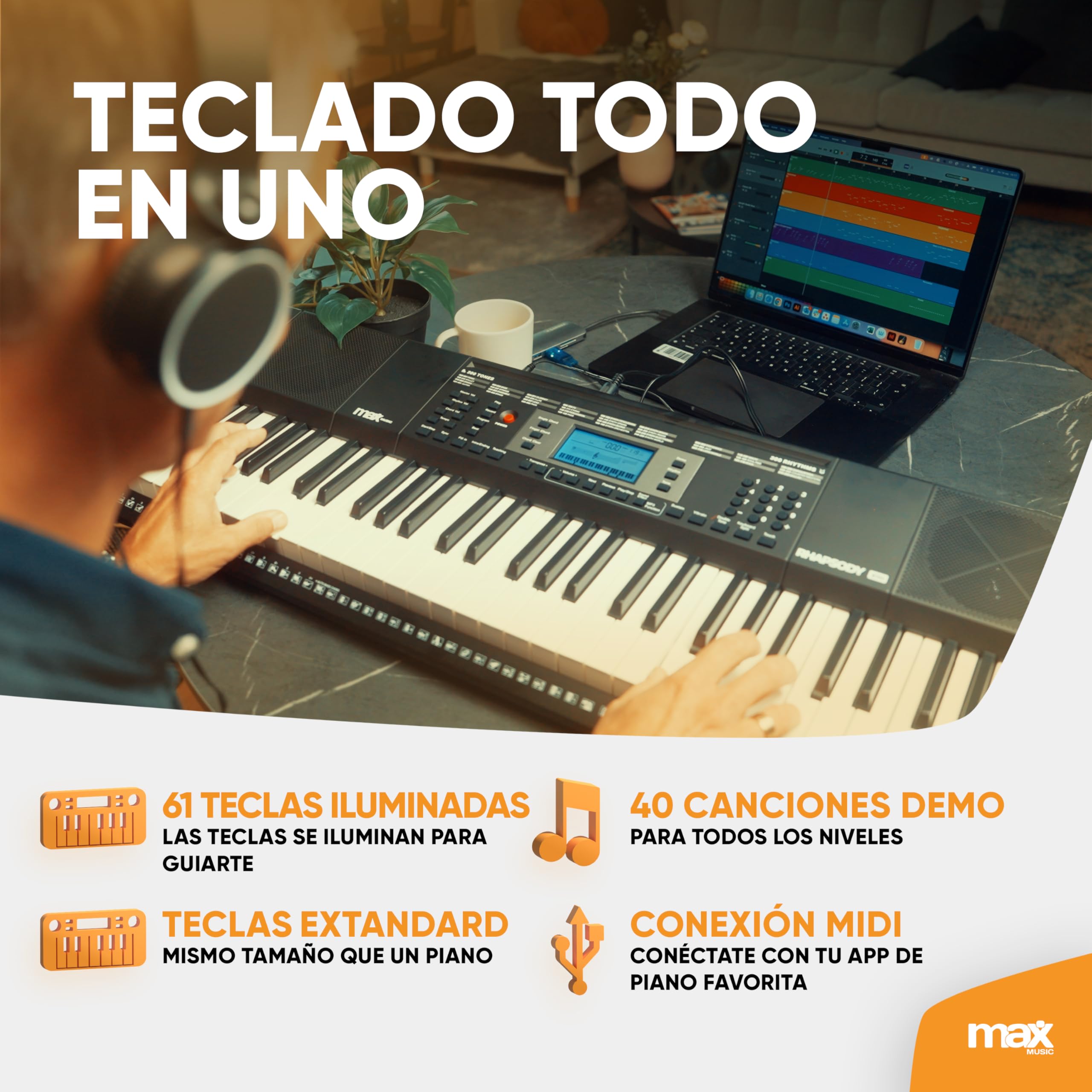 MAX Rhapsody61L Piano digital electrónico con 61 teclas luminosas, teclado de piano con altavoz, pantalla LCD, 40 canciones demo, función de aprendizaje, 300 sonidos, incluye auriculares y soporte