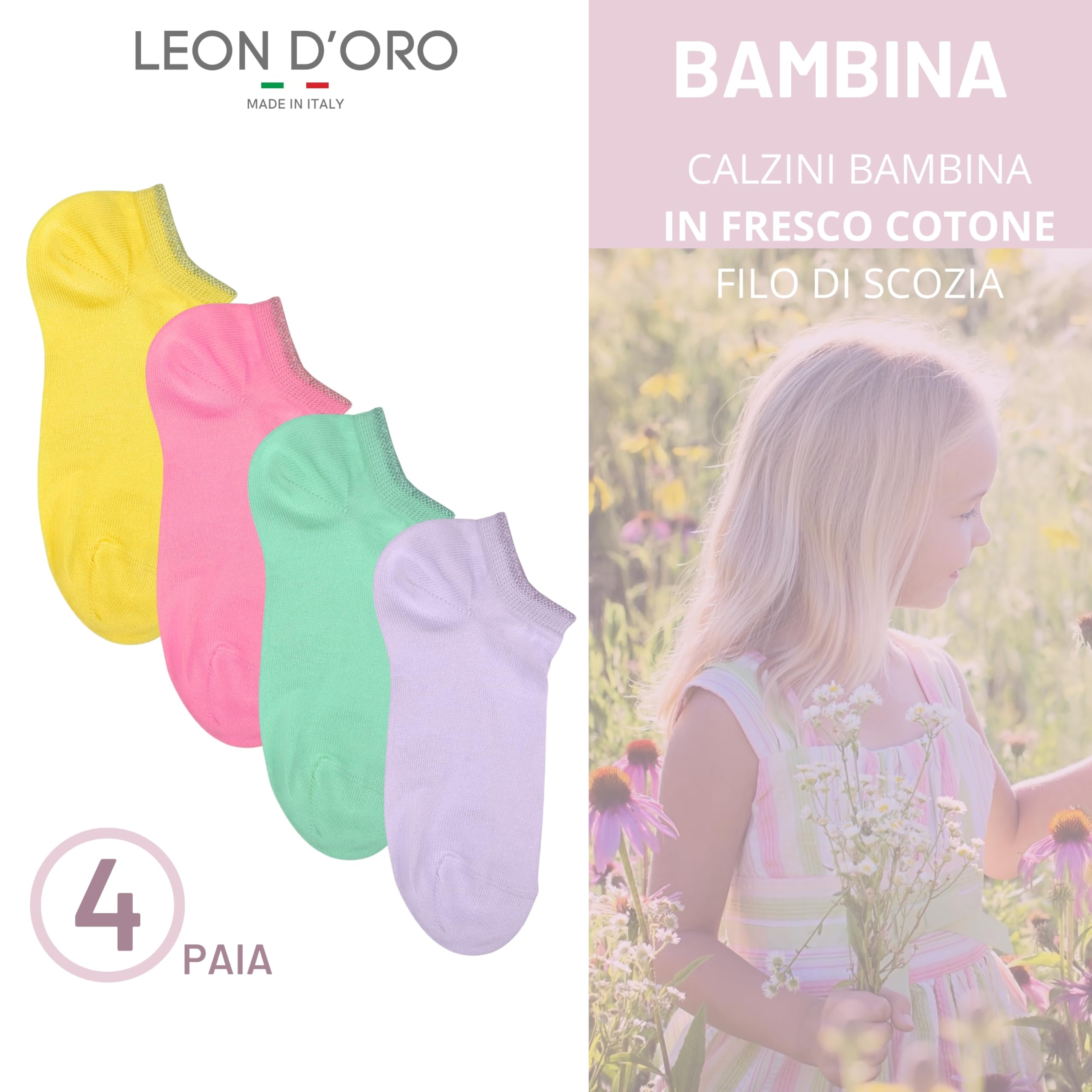 LEON D'ORO Calzini Bambina COTONE LEGGERO corto Calze Bimba FILO DI SCOZIA Sneaker Fantasmini Bambine Made in Italy