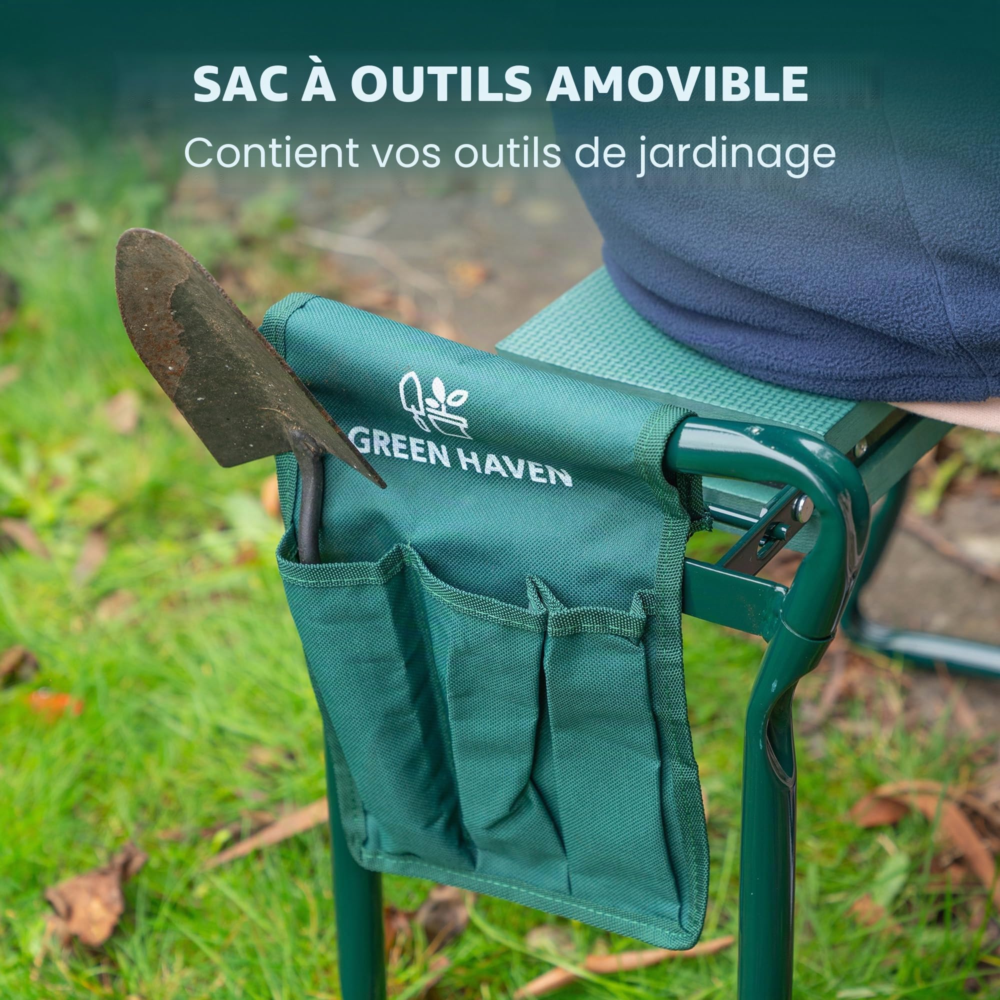 Green Haven Repose-Genoux de Jardin avec poignées et Sac à Outils – Tabouret à Genoux Pliable et Robuste pour Le Jardinage – Coussin de Genoux de Jardin rembourré en Mousse EVA, Cadeau pour Les