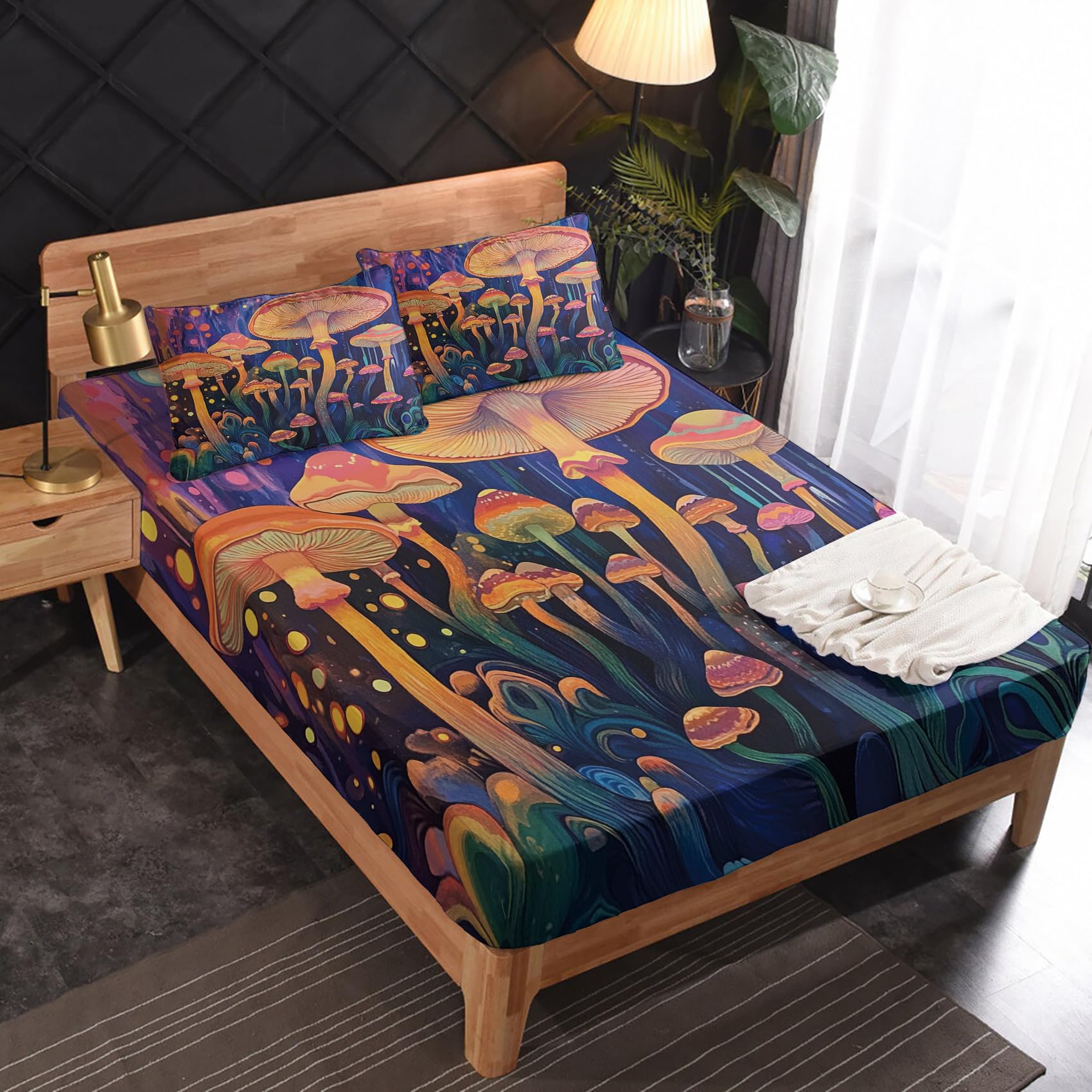 Zvynqour California King Sheet Sets - Colourful Mushrooms Bed Sheets - Trippy Deep Pocket Fitted Sheets & Flat Sheets & Pillowcases 4 Piece Set - Psychedelic Bedding & Decor - Soft Cosy Microfibe