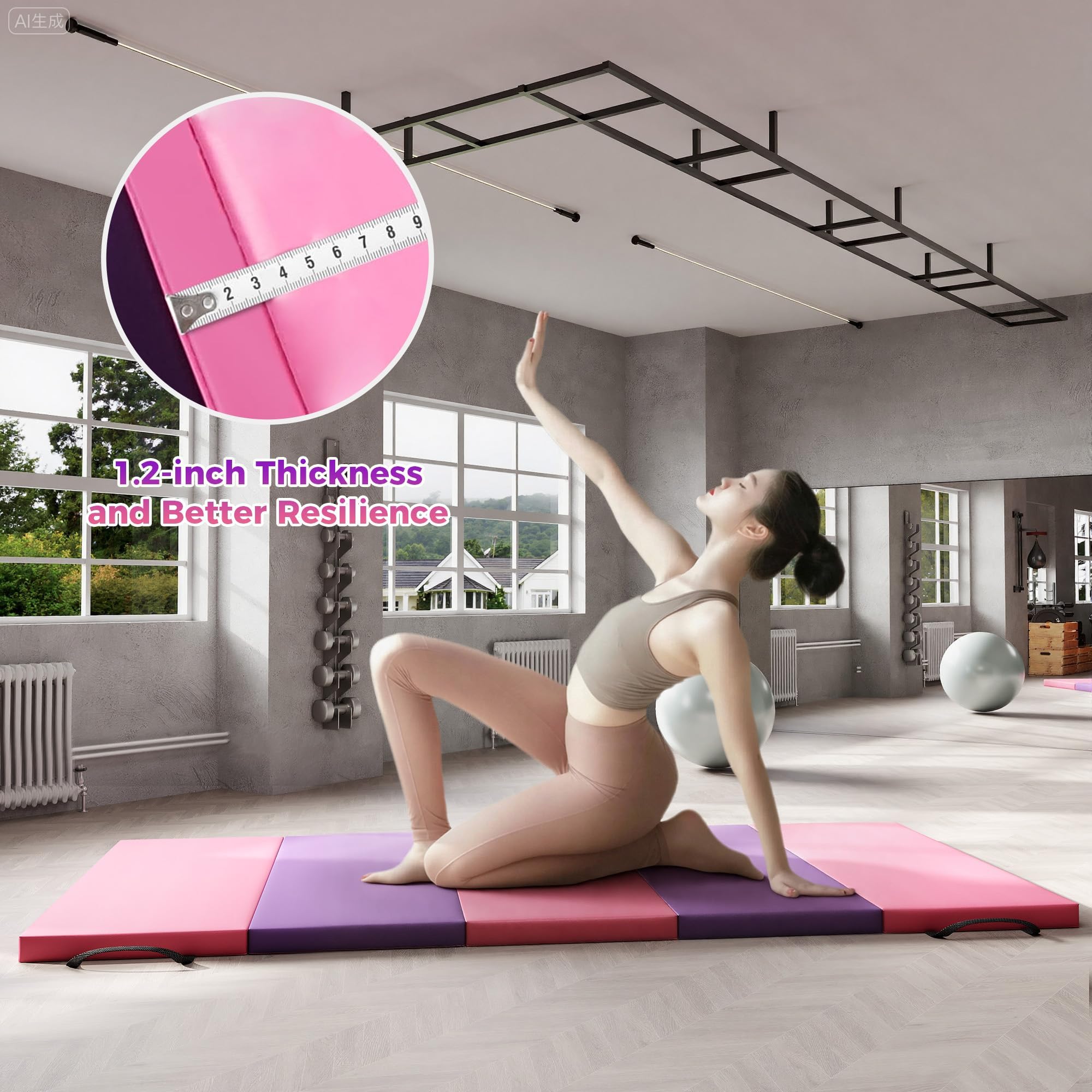 Garvee Esterilla de gimnasia plegable, 180 cm de largo x 60 cm de ancho x 5 cm de grosor, alfombrilla de gimnasio con asas de transporte, espuma EPE de alta densidad, antideslizante, piel sintética