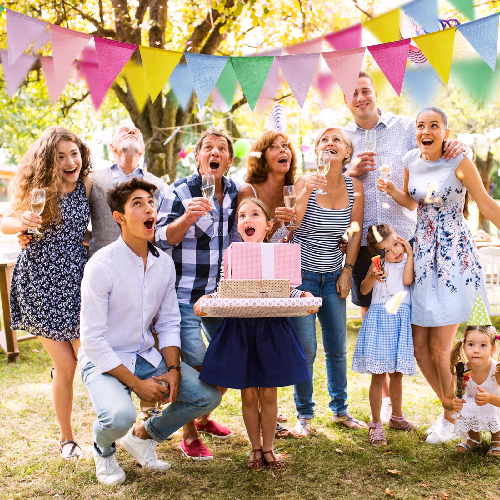 60 Flags/36ft Burlap Imitated Pastel Triangle Pennant Banner Flags Garland - Multicolor Rainbow Bunting for Birthday and Outdoor Party Festival School Classroom Hanging Decoration