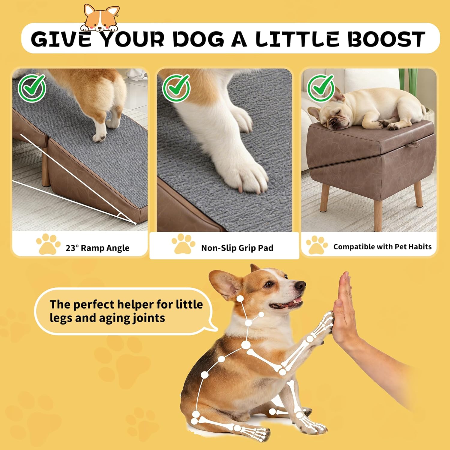 Dog Stairs for Small Dogs and Cats 13.6" H, 2-in-1 Foldable Wooden Pet Steps & Dog Ramp for Couch and Bed with Encrypted Non-Slip Surface, Sturdy Split Ottoman Design for Puppy, Brown