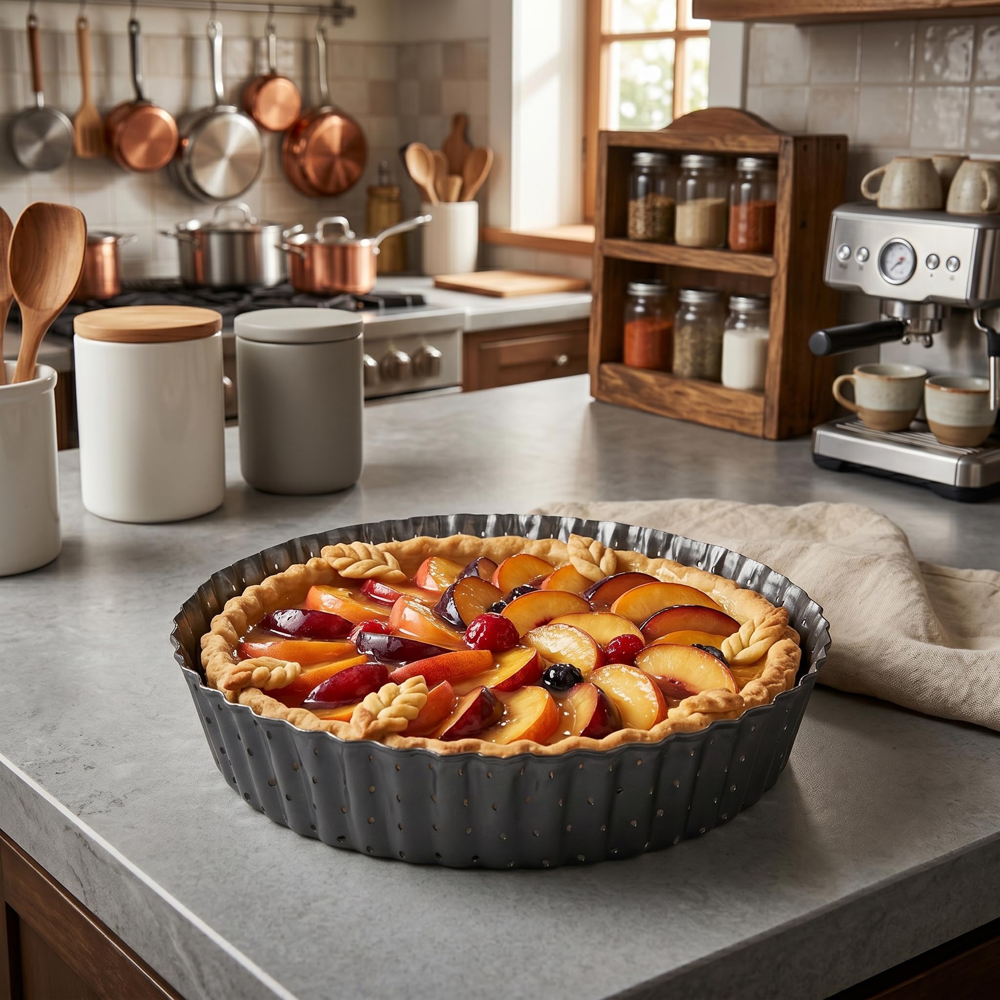 Moule à Tarte Perforé - Moule à Quiche avec Fond Amovible - Plat/Moule Tartelette - Moules à Gâteaux Rond - Revêtement Antiadhésif - Moule à Flan Haut - Ø 24 cm - Hauteur 5 cm