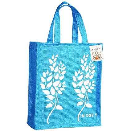 INDOZY Jute Bag for Lunch Tiffin & Gifting | for Men Women Girl boy Kid Office Daily use Handbag | with Zip & 2 Inside Pockets for Spoon/Fork/Tissue/Mobile & Water Bottle (Blue Leaf)