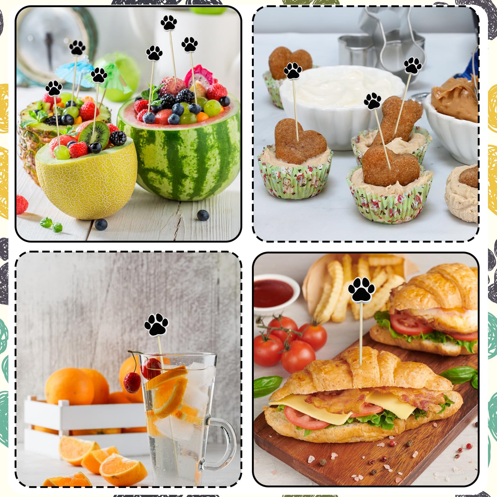200 palillos de cóctel, palillos de dientes elegantes de 4.7 pulgadas para aperitivos, pinchos decorativos para frutas, alimentos, bebidas, suministros de fiesta, estilo pata de perro