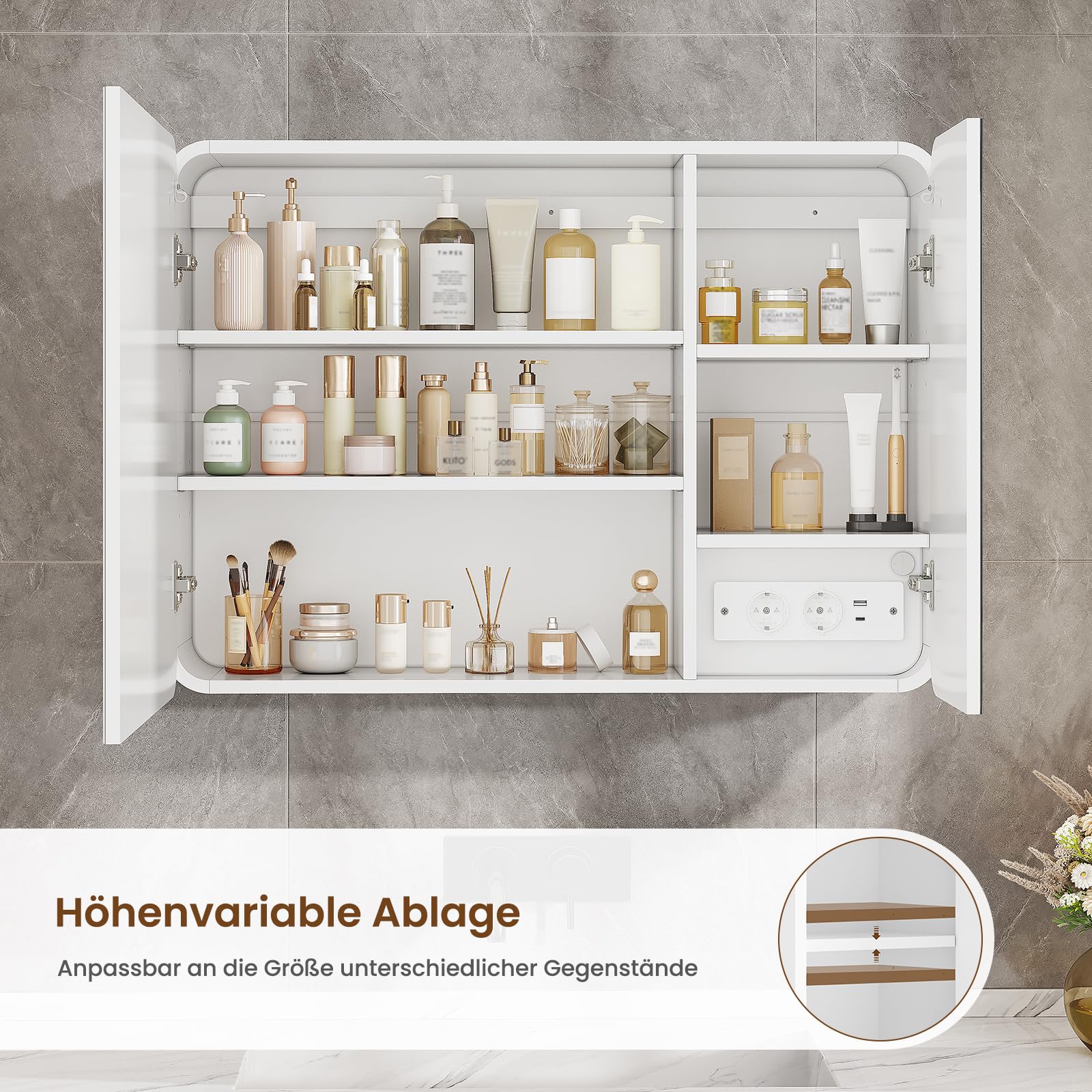 Armoire Salle de Bain Miroir avec éclairage LED & Prise, Armoire Murale Salle de Bain avec Miroir HD, 3 Étagères Réglables, Angles Arrondis, Armoire de Toilette, 16 x 80 x 60 cm, Blanc
