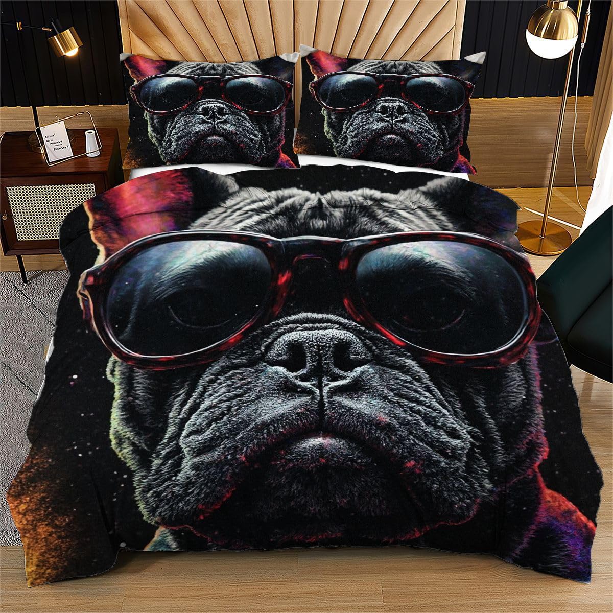 Housse de couette 240x260 chien noir avec taies pour lit double