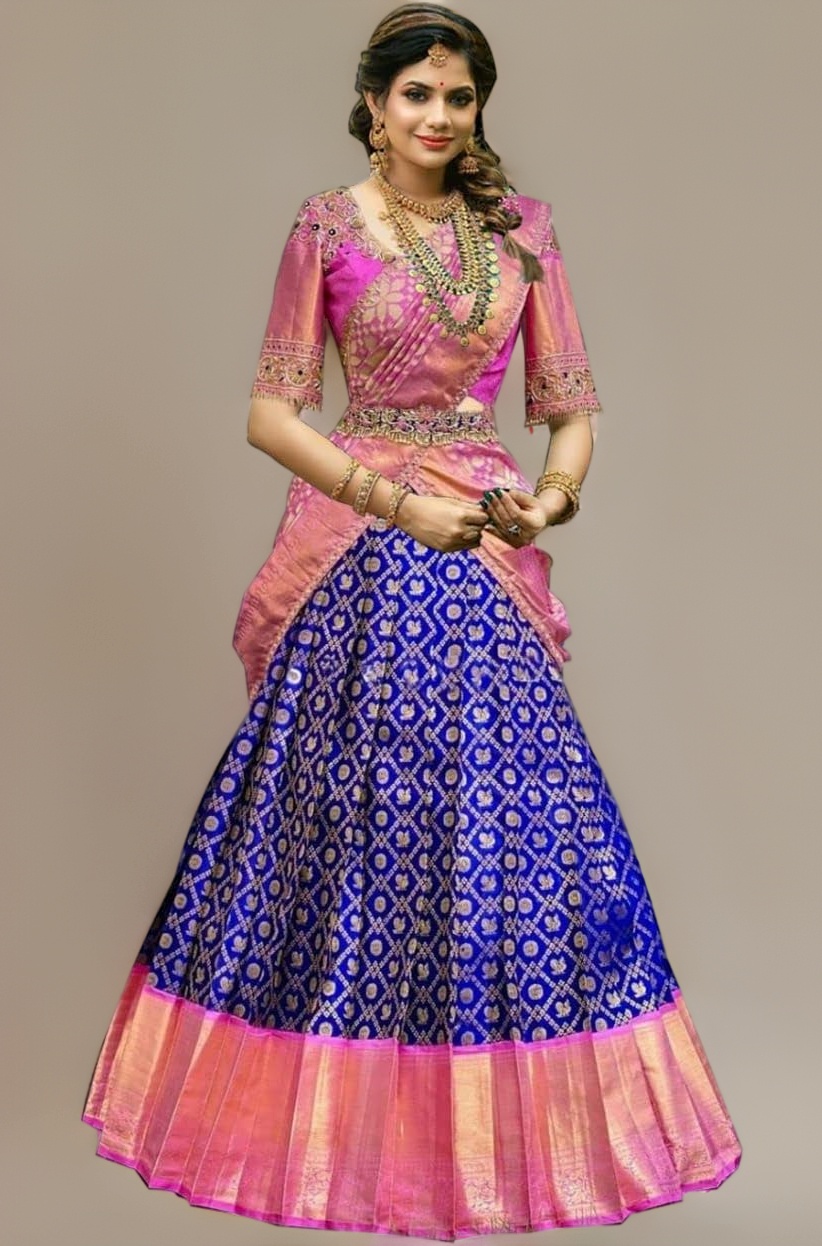NAVKARMIT Women's Pure Pattu Silk Zari Weaving Lehenga Choli, Unstitched Lehenga Choli, Half Saree.