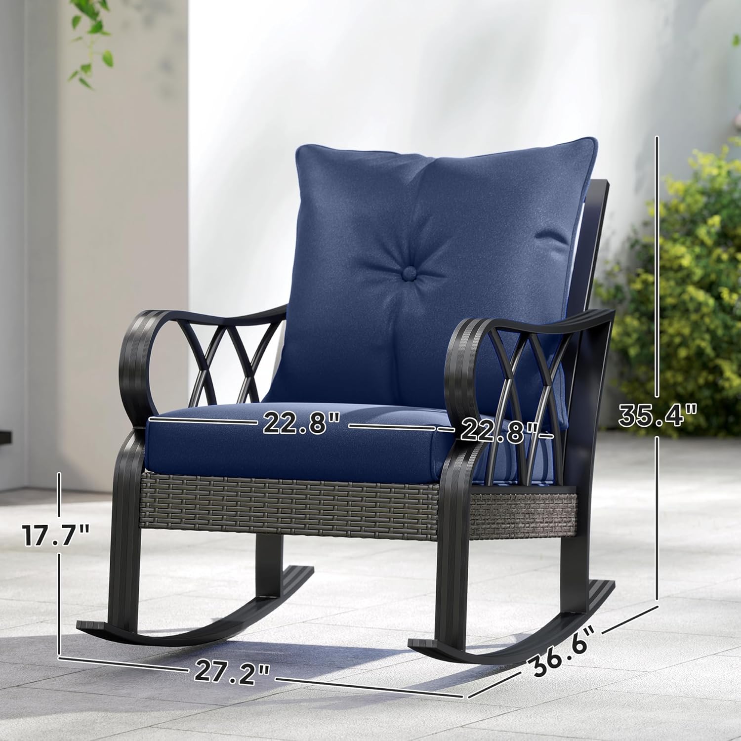 Outsunny 2 Piece Outdoor Wicker Rocking Chairs with Padded Cushions, Aluminum Furniture Rattan Porch Rocker Chairs w/Armrest for Garden, Patio, and Backyard, Blue