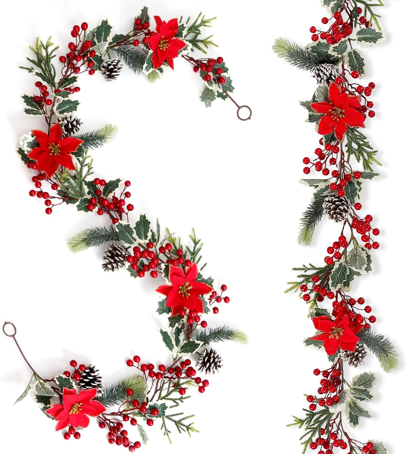 SOMYTING Christmas Garland 6FT Christmas Poinsettia Garland with Red Berries Holly Leaves Artificial Pine Needle Red Berry Garland Artificial Xmas Flower for Indoor Outdoor Christmas Decortions