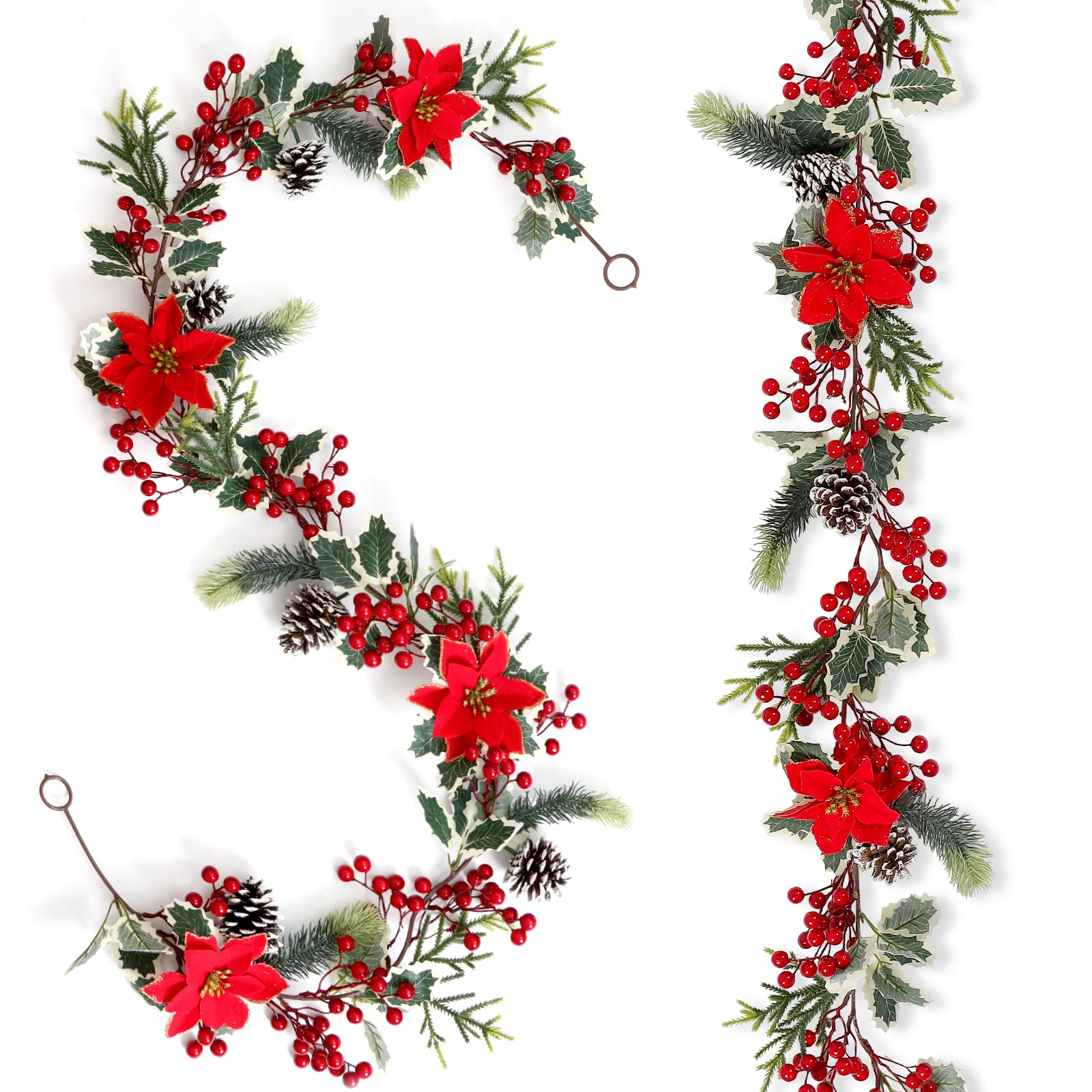 Guirlande poinsettia Noël 1,8 m grand volume baies rouges et houx réaliste