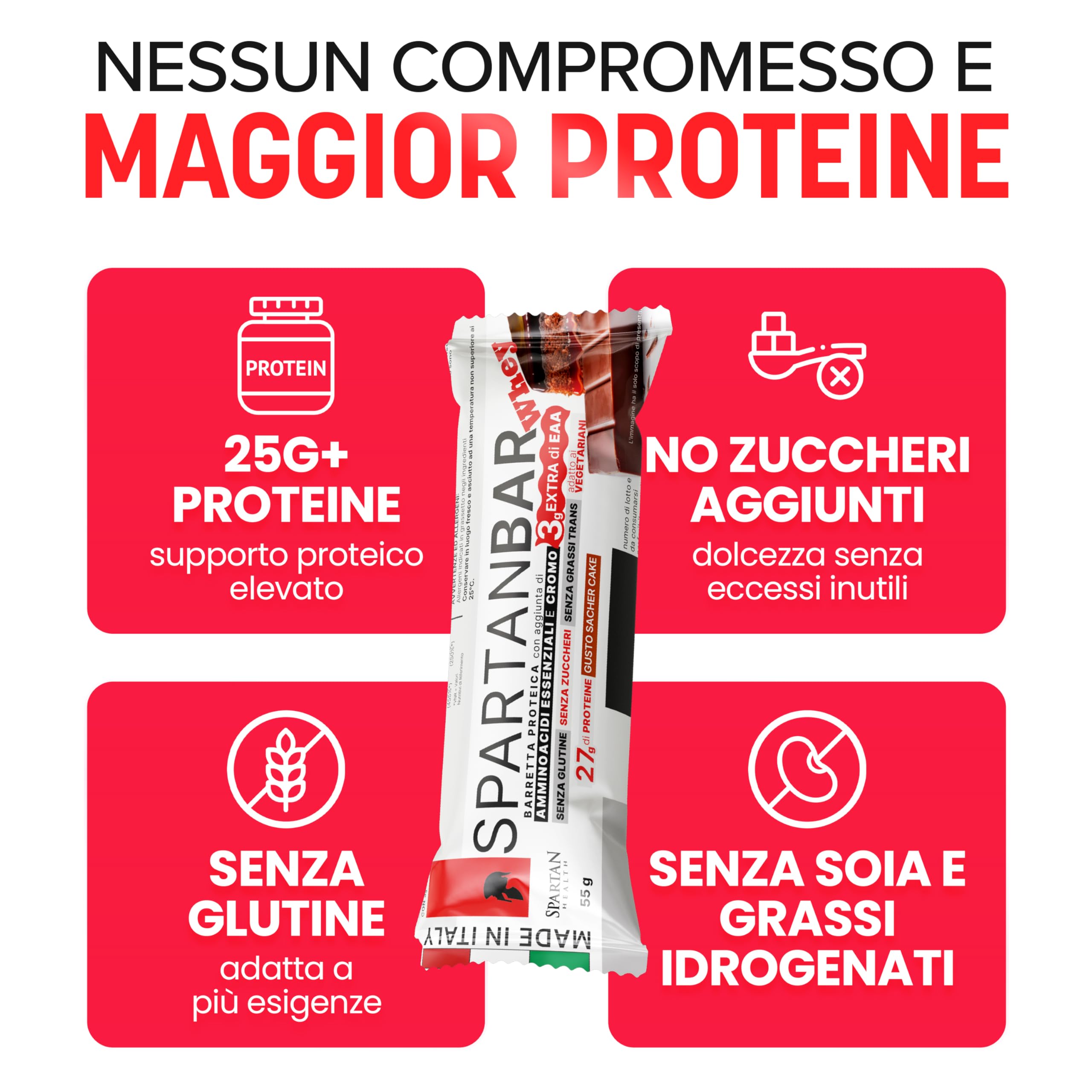 Spartan Health – Barrette con 27g di Proteine Isolate, 3g di EAA, 100mcg di cromo picolinato – Barrette Proteiche Senza Zuccheri Aggiunti e Glutine – Box 12x55g (Torta Sacher)