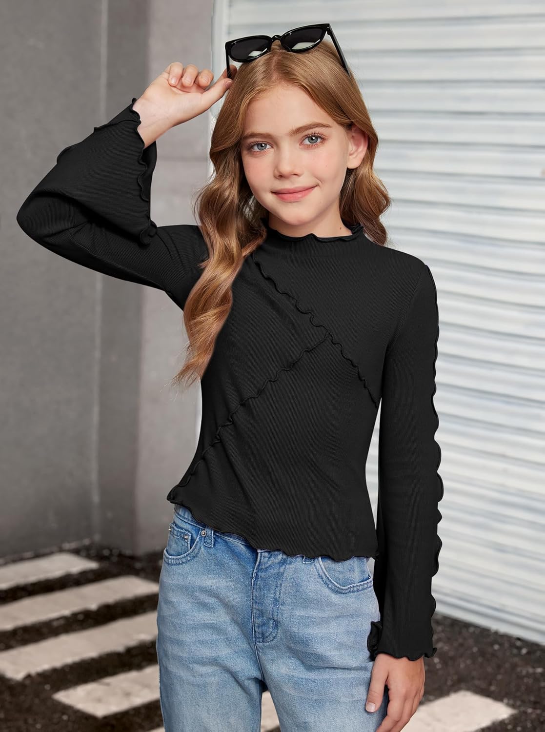 Girls Long Bell Sleeve Shirts Mock Neck Lettuce Trim Ribbed Knit Blouse Slim Fit Y2K Inspired Fashion Tops 6-14 Years - Image 5