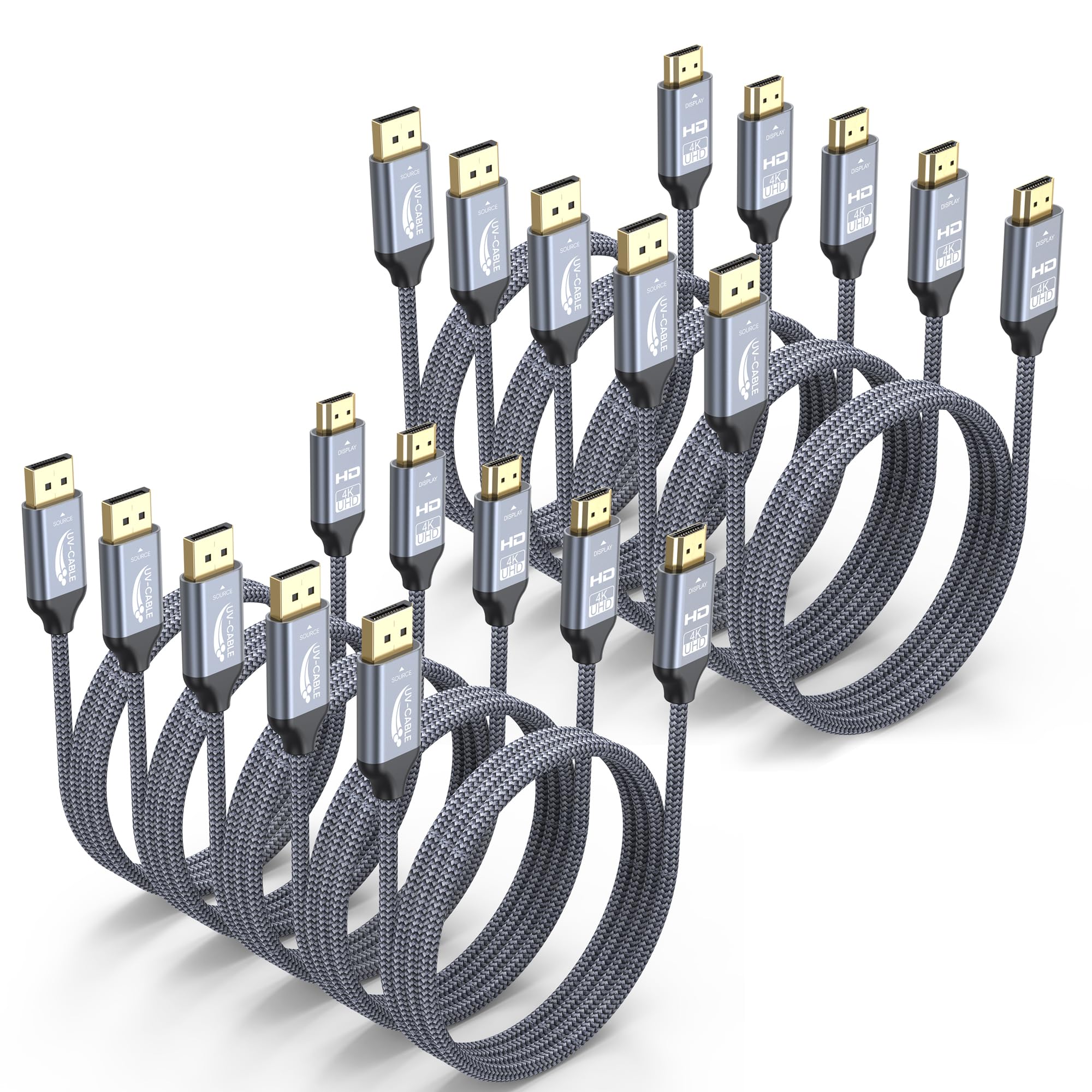 Lot de 10 câbles DisplayPort vers HDMI 4K de 1,8 m - Uni-directionnel - Port d'affichage DP vers moniteur HDMI - Adaptateur tressé 3D HDR HDCP 2.2 pour téléviseur HD, Dell, NVIDIA, Lenovo, AMD, PC