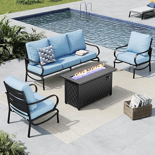 Miniatura 64 de MFSTUDIO Juegos de muebles de patio con mesa de fogata de gas de 45 pulgadas, 8 piezas de conversación de metal para exteriores con 1 sofá de 3