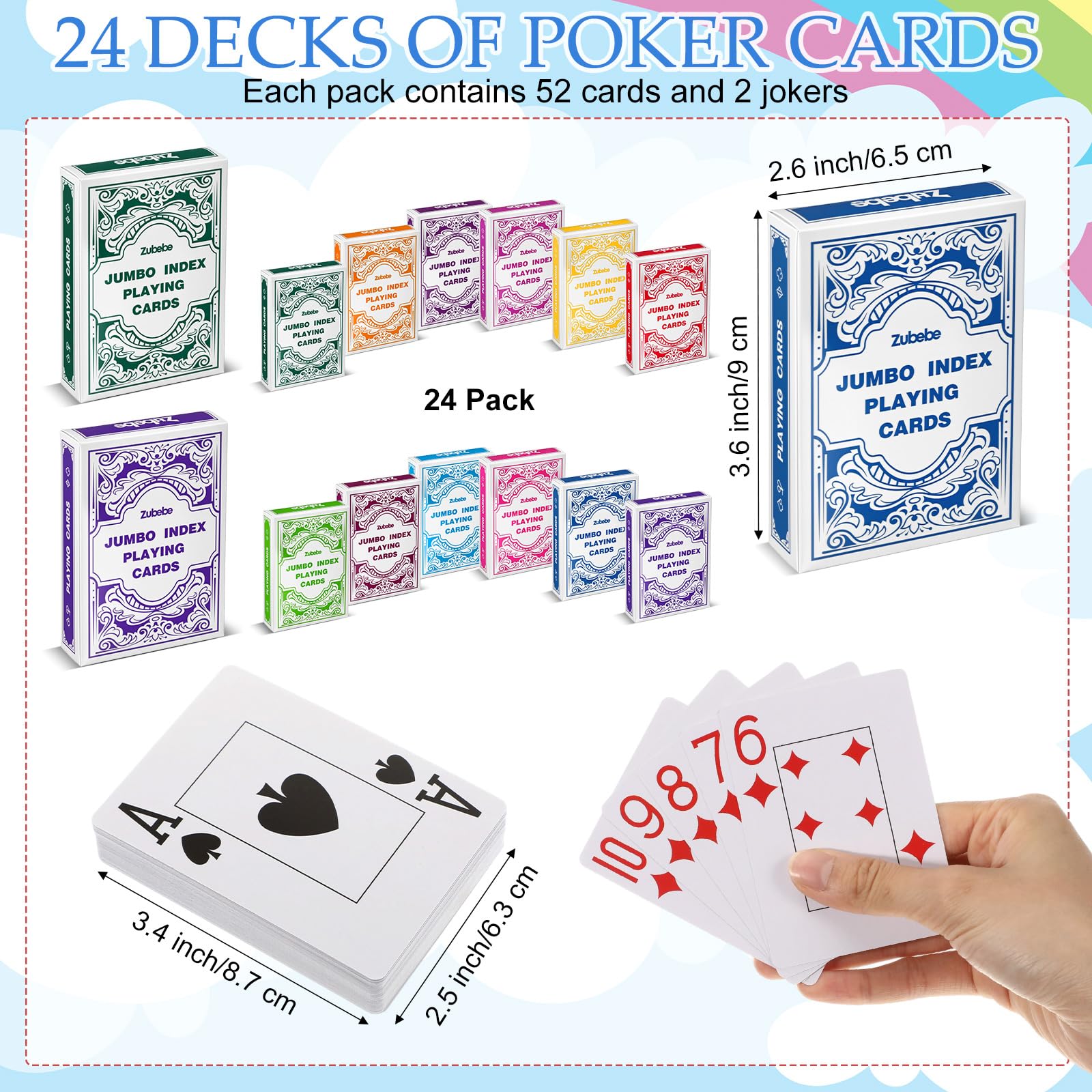 Zubebe Confezione da 24 carte da gioco jumbo, dimensioni standard, in plastica, mazzi da poker per anziani, adulti e bambini, carte da gioco impermeabili per campeggio, serate di gioco in famiglia